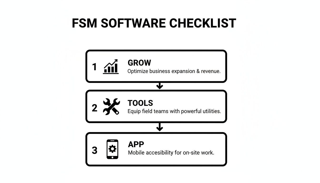 Best Field Management Software Tackon FSM in Free Field Service Management Software: Your Quick Guide to the Right Solution 5 FSM Software Checklist outlining three steps: grow business, equip teams with tools, and provide mobile app accessibility.