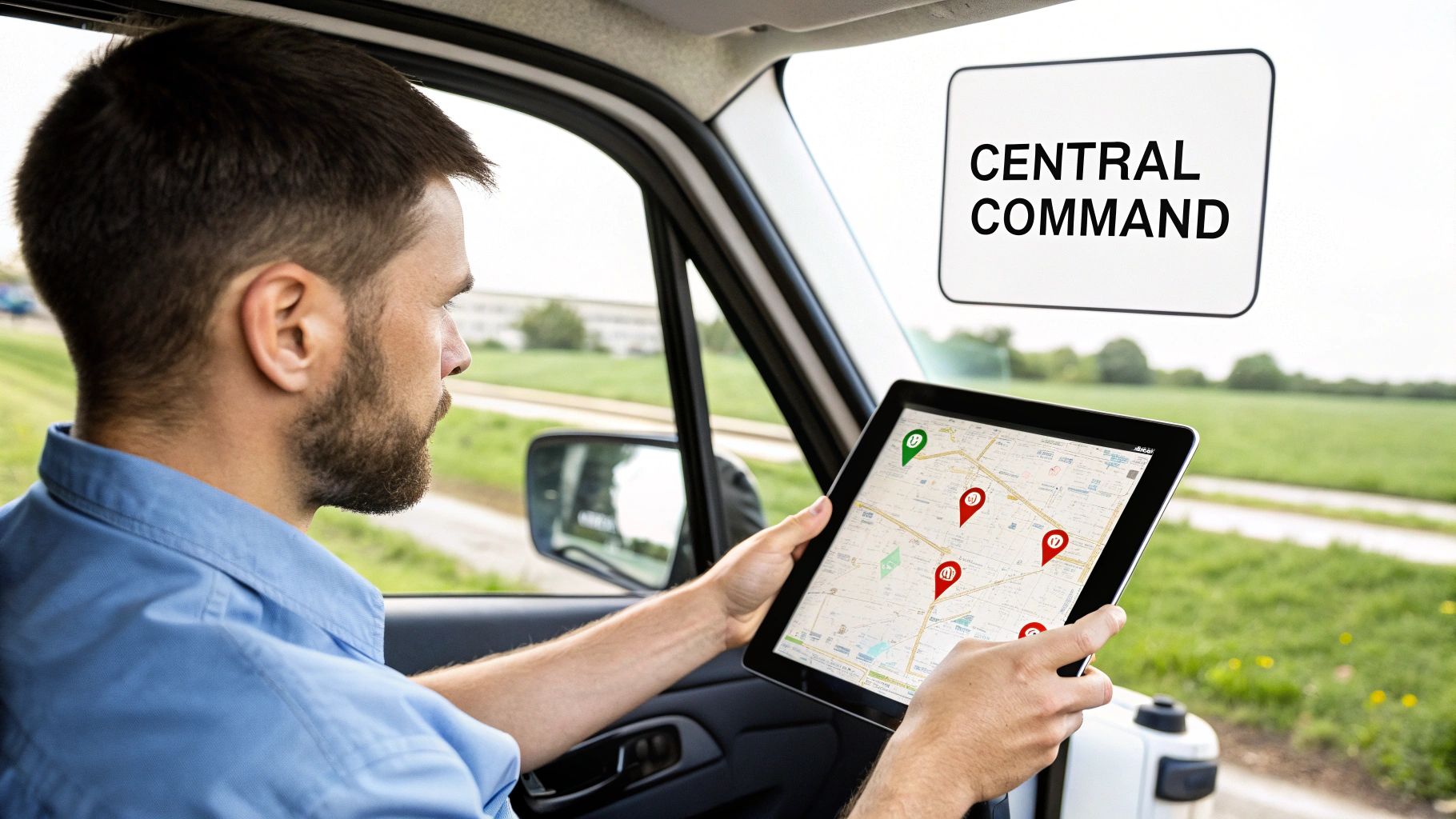 Best Field Management Software Tackon FSM in Best Small Business Scheduling Software for Trades 2 A man in a vehicle uses a tablet with a map for navigation, featuring a 'CENTRAL COMMAND' sign.