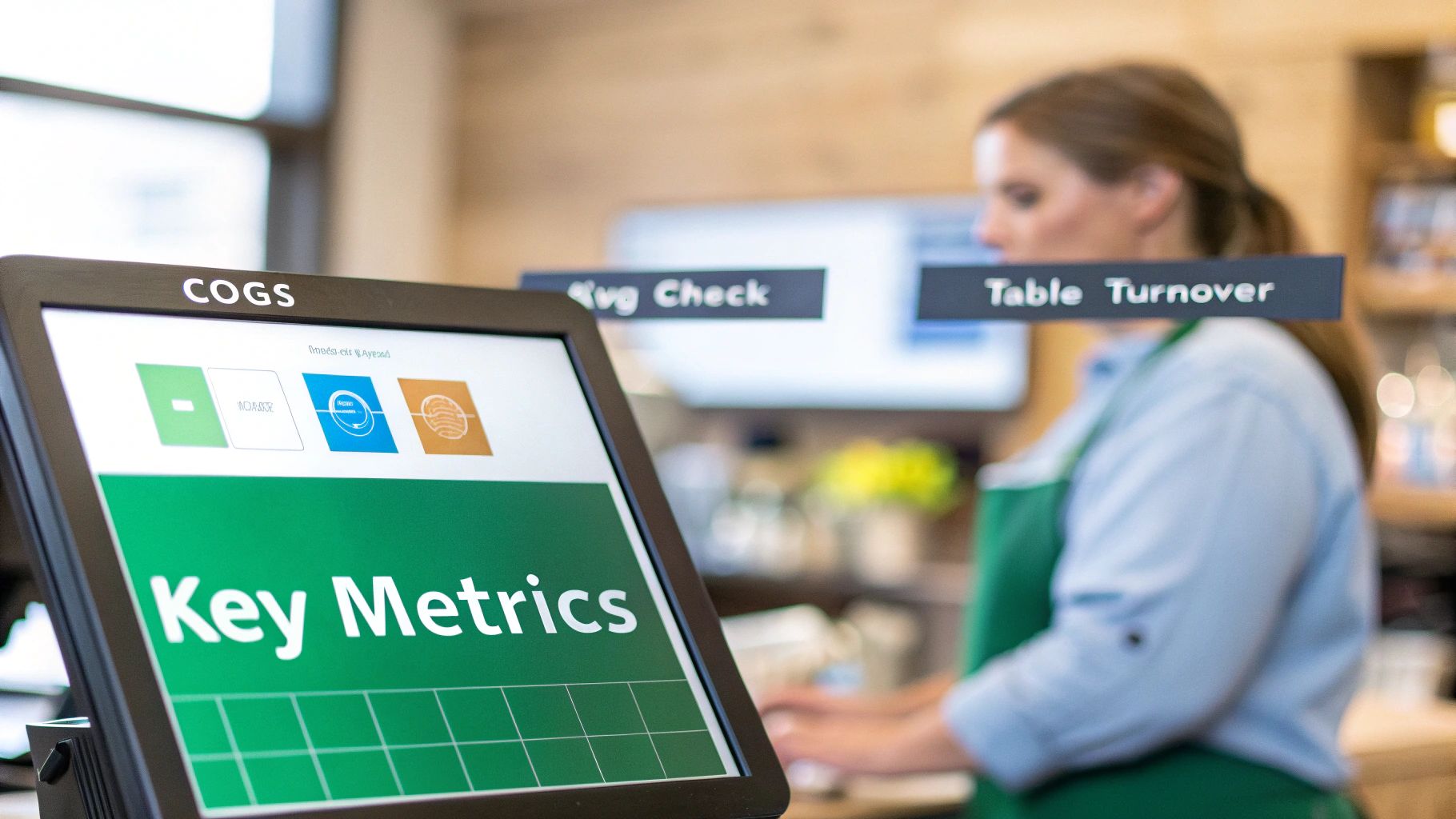 A restaurant employee works near a COGS display showing key metrics like average check and table turnover.