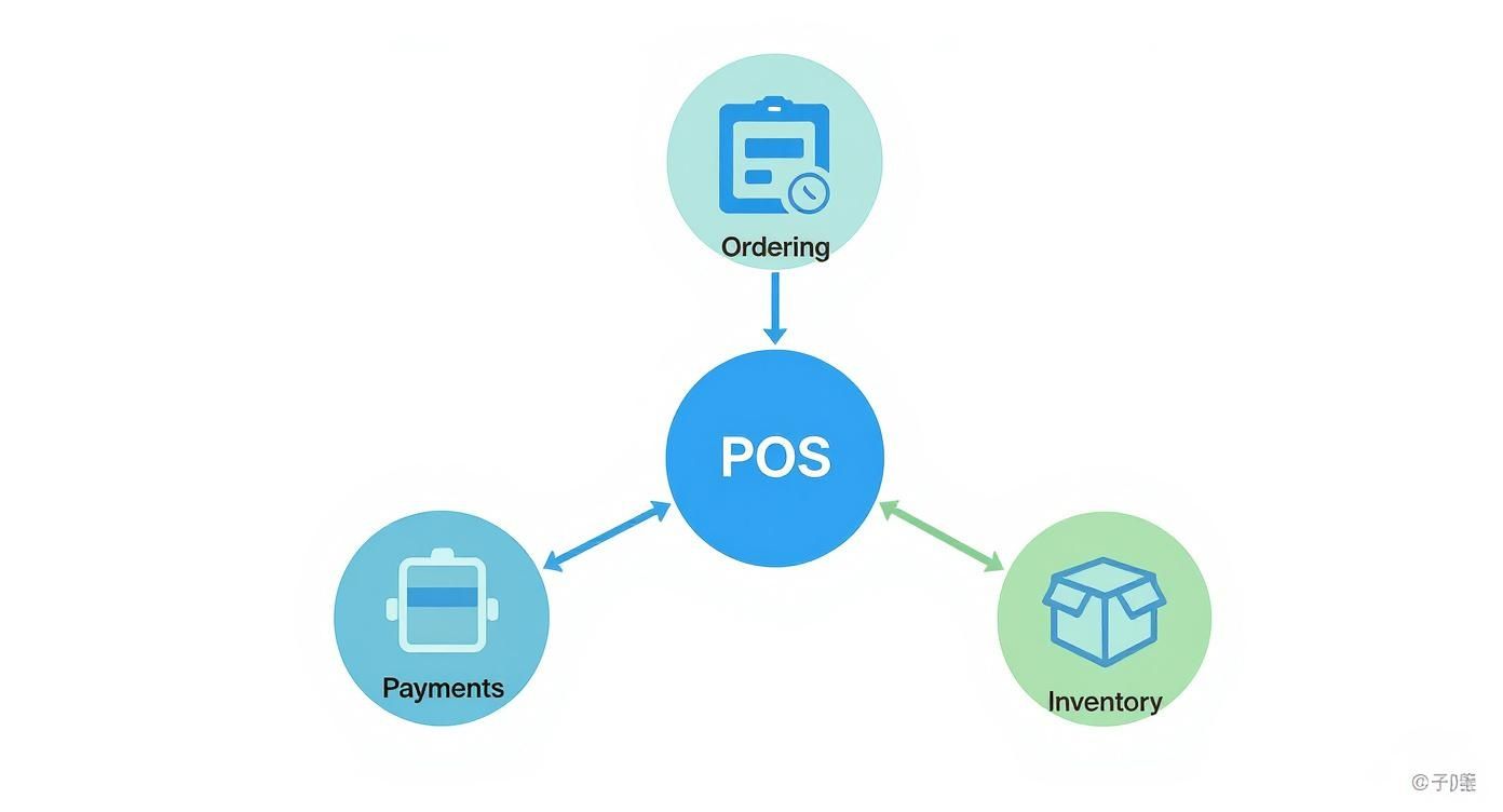 Diagram illustrating a Point of Sale (POS) system integrated with ordering, payments, and inventory.