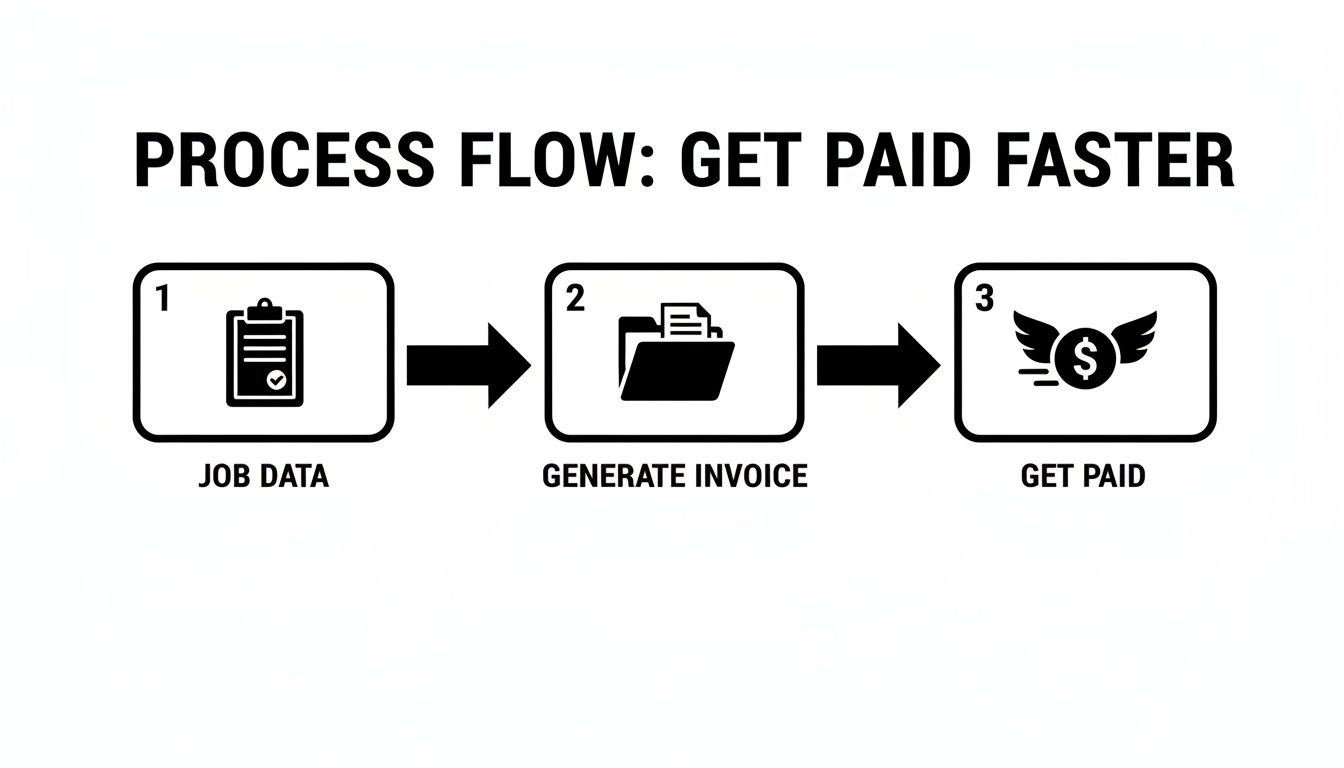 Process flow diagram showing steps to get paid faster: job data, generate invoice, and get paid.