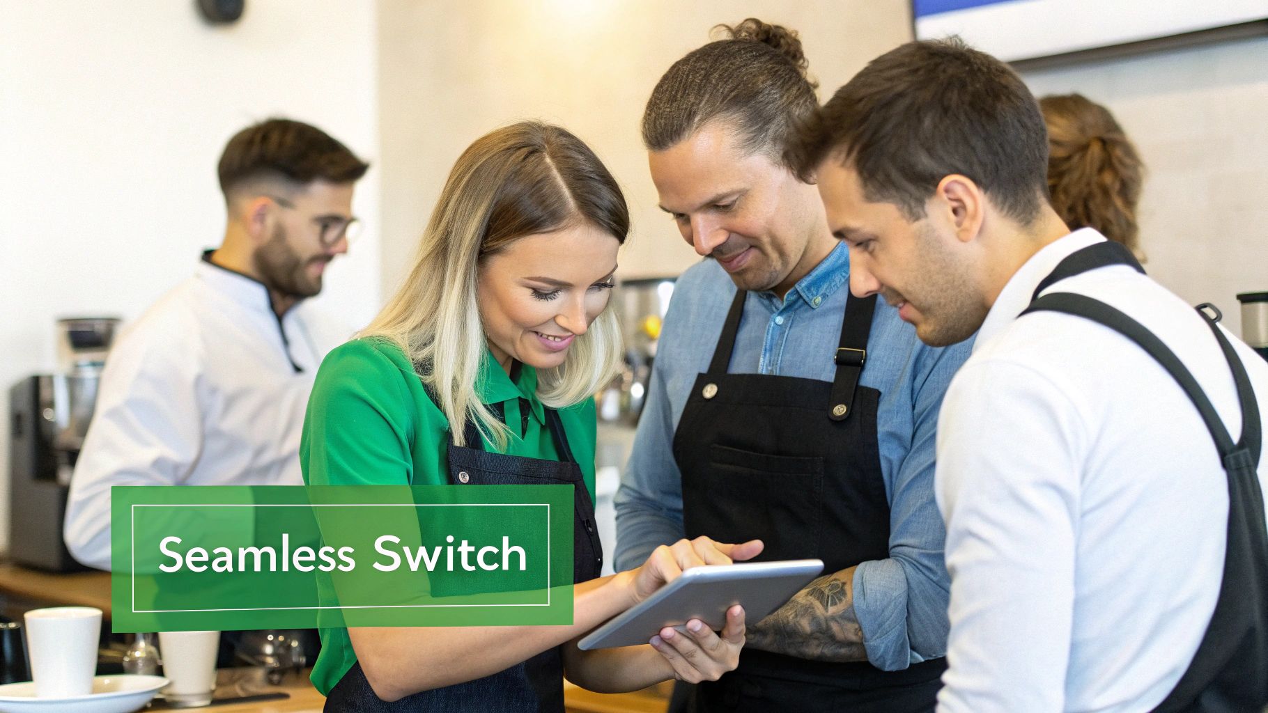 A coffee shop owner smoothly setting up a new POS system on a tablet.