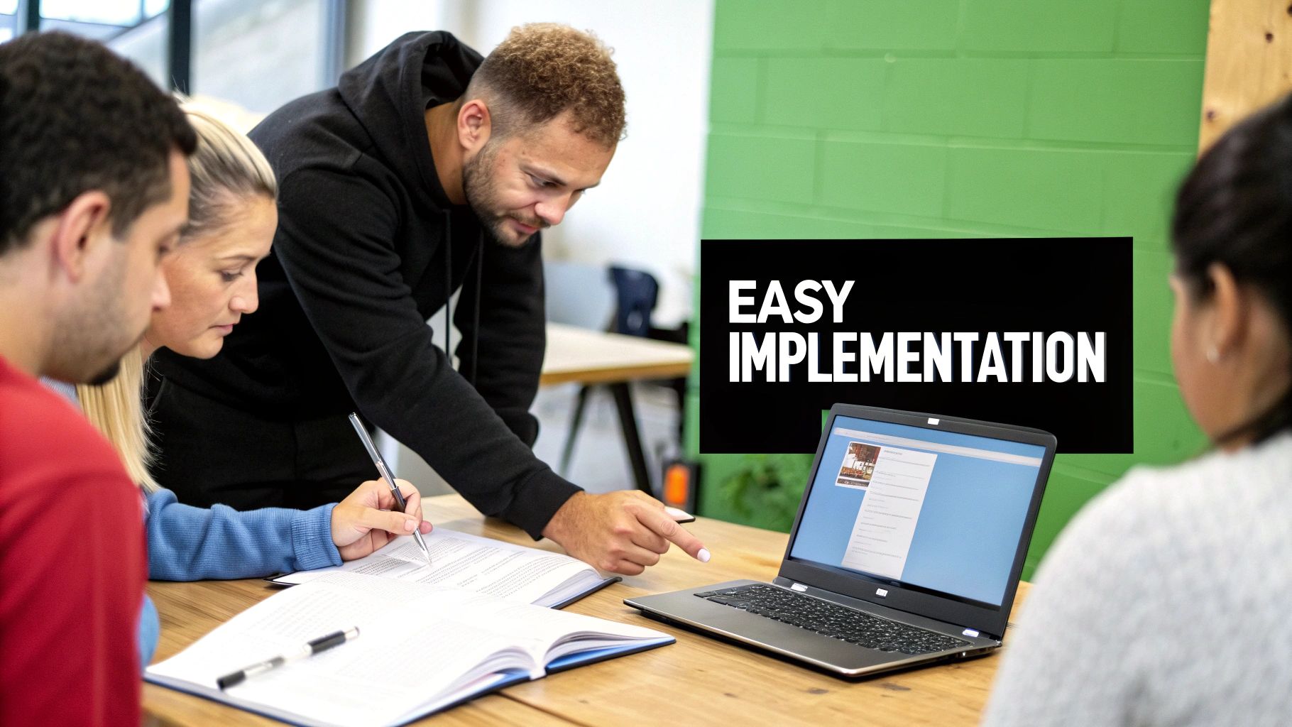 Best Field Management Software Tackon FSM in Your Guide to Scheduling and Dispatch Software for Trades 4 Four people collaborate around a table, pointing at a laptop and writing notes.