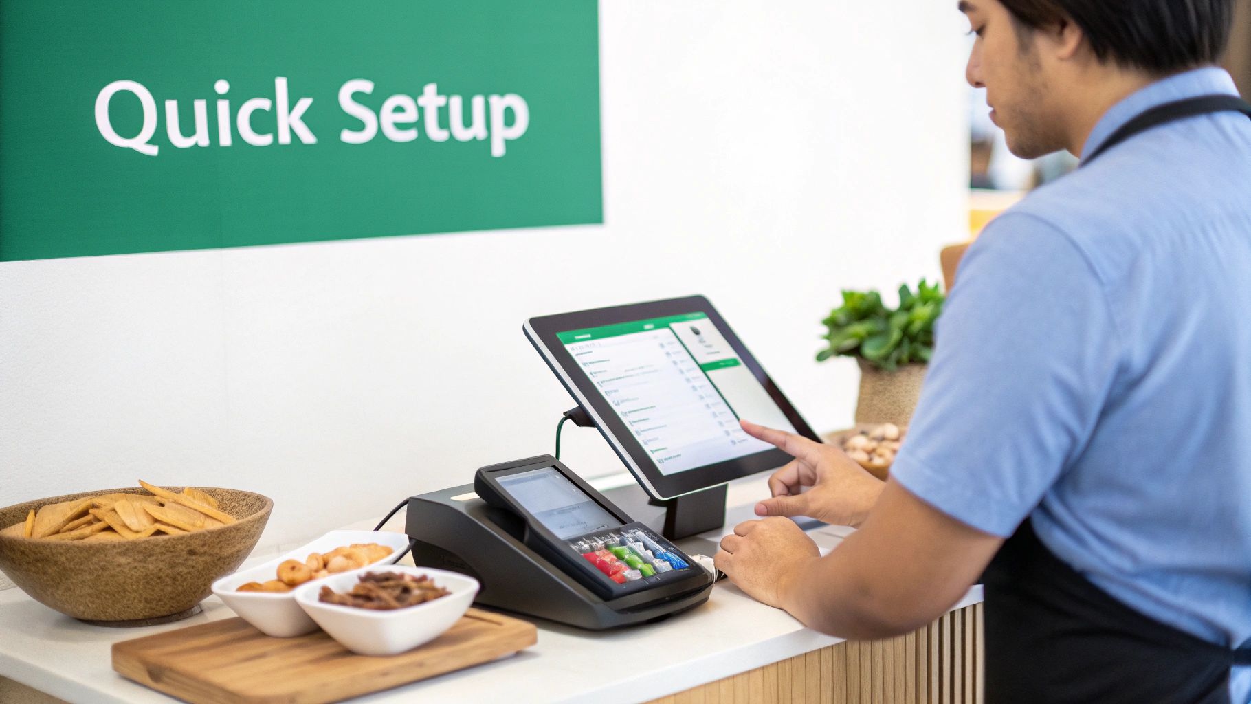 A person uses a modern POS system with a tablet and payment terminal at a counter with snacks.