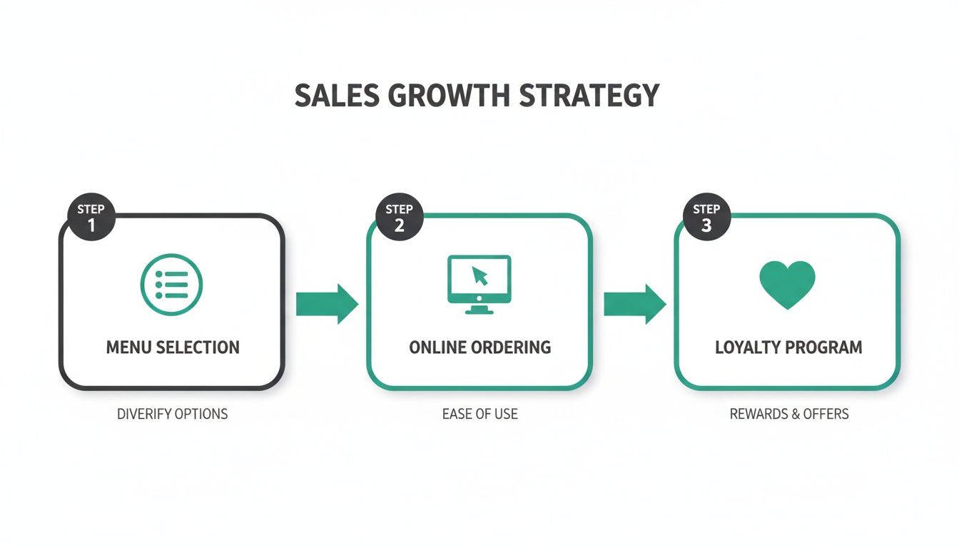 An infographic showing a three-step sales growth strategy: menu selection, online ordering, and loyalty program.