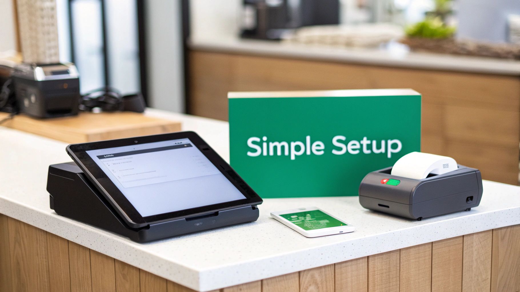 iPad point-of-sale system with tablet, receipt printer, and smartphone on a counter, ready for simple setup.