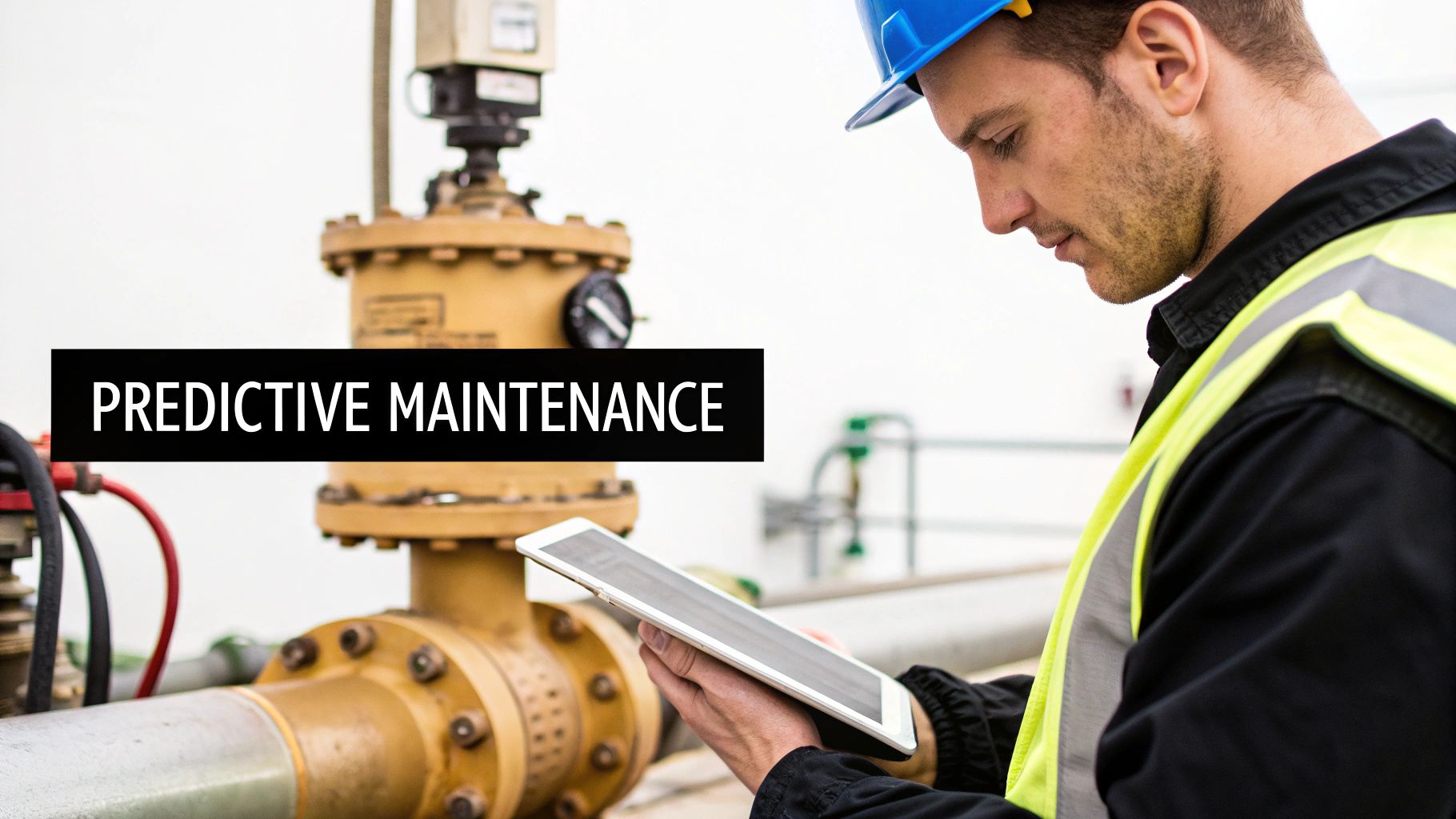 Best Field Management Software Tackon FSM in 10 Field Service Management Best Practices for Trades in 2025 3 A technician in a hard hat and safety vest uses a tablet for predictive maintenance in an industrial setting.