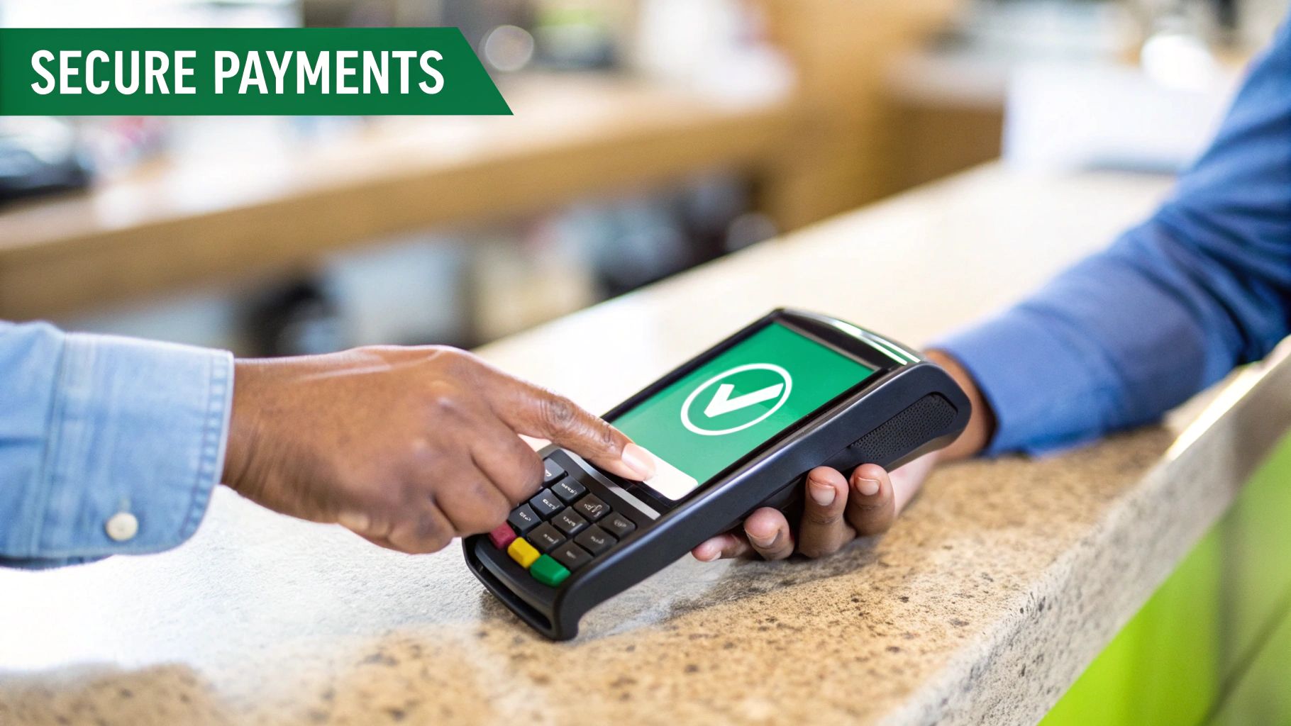 Hands interacting with a payment terminal showing a successful secure payment confirmation on screen.