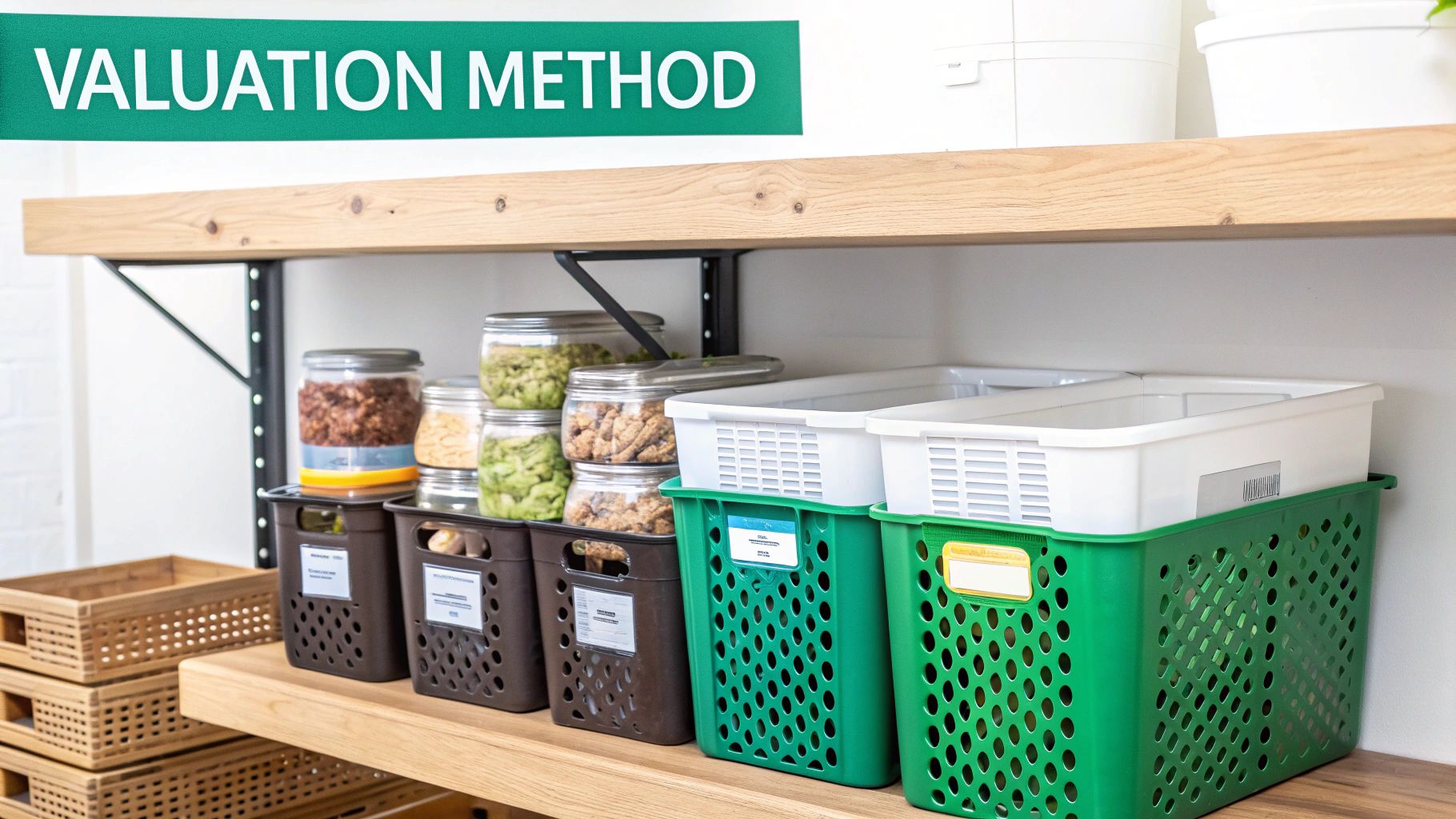 Organized pantry shelves with jars of ingredients and labeled storage baskets under a 'VALUATION METHOD' banner.