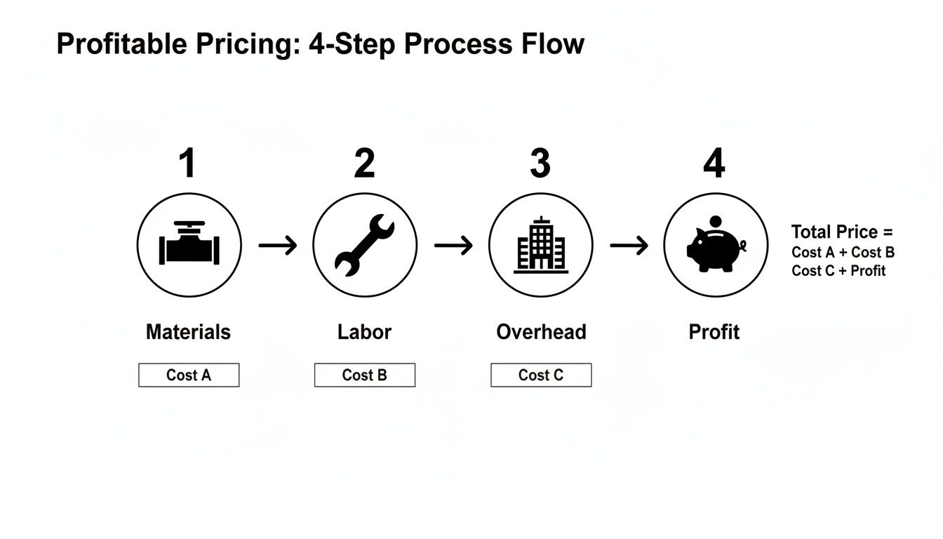A 4-step process flow chart showing how to calculate profitable pricing, including materials, labor, overhead, and profit.