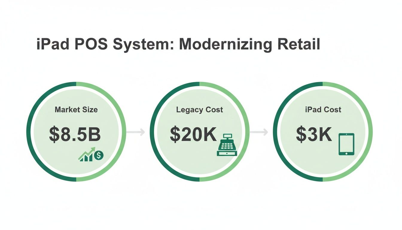 Infographic illustrates the $8.5B iPad POS market, contrasting $20K legacy system costs with $3K iPad system costs.