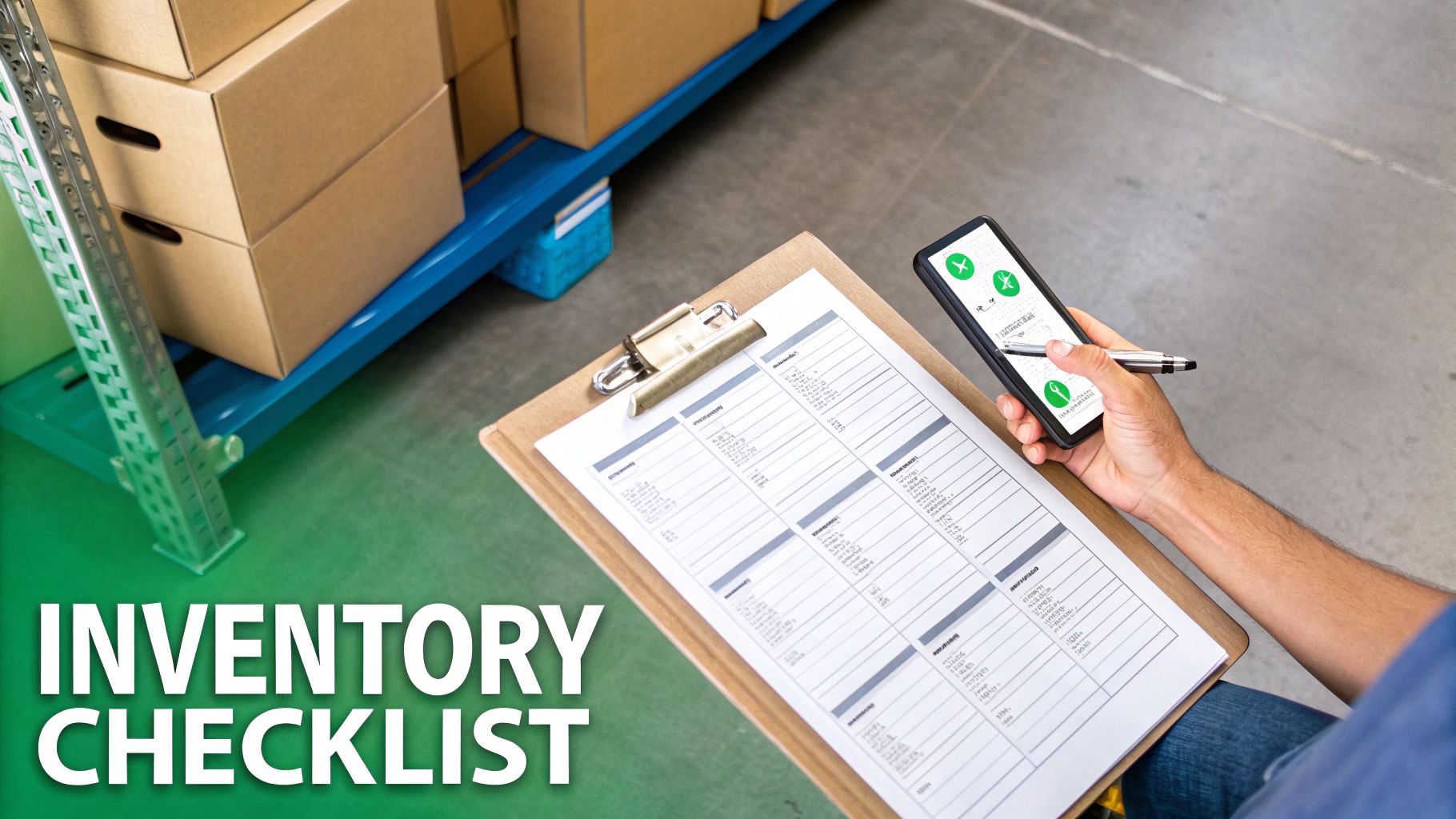 A person in a warehouse managing inventory with a physical checklist on a clipboard and a smartphone app.