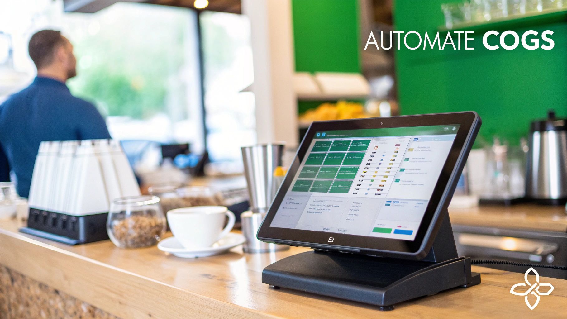 Modern cafe POS system on a wooden counter with a screen displaying menu and order management, highlighting automation.