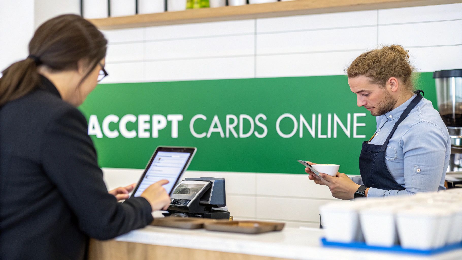 Two people at a counter, one processing a transaction on a tablet. A sign reads 'ACCEPT CARDS ONLINE'.