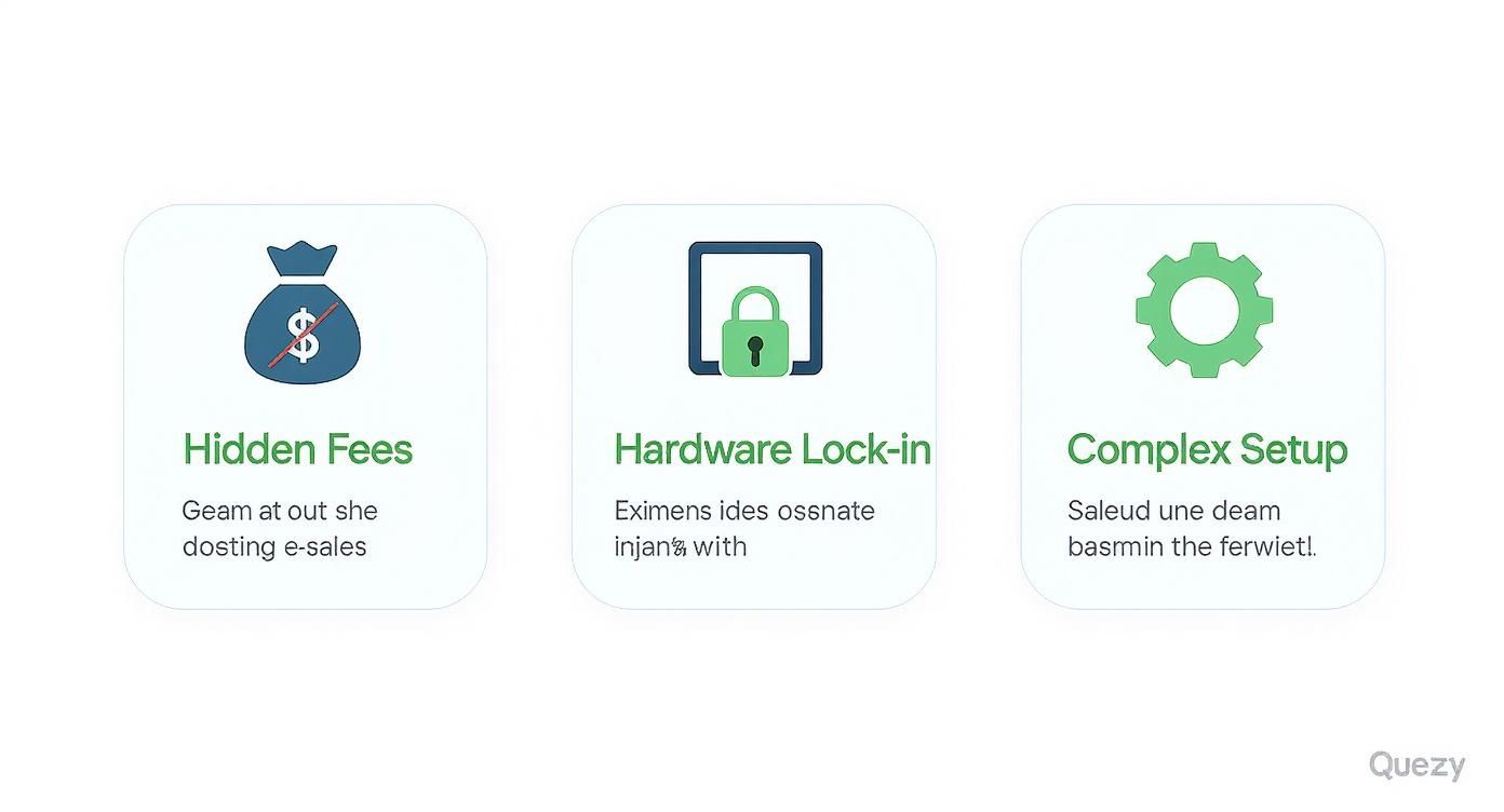 Three icons showing restaurant POS system drawbacks: hidden fees, hardware lock-in, and complex setup
