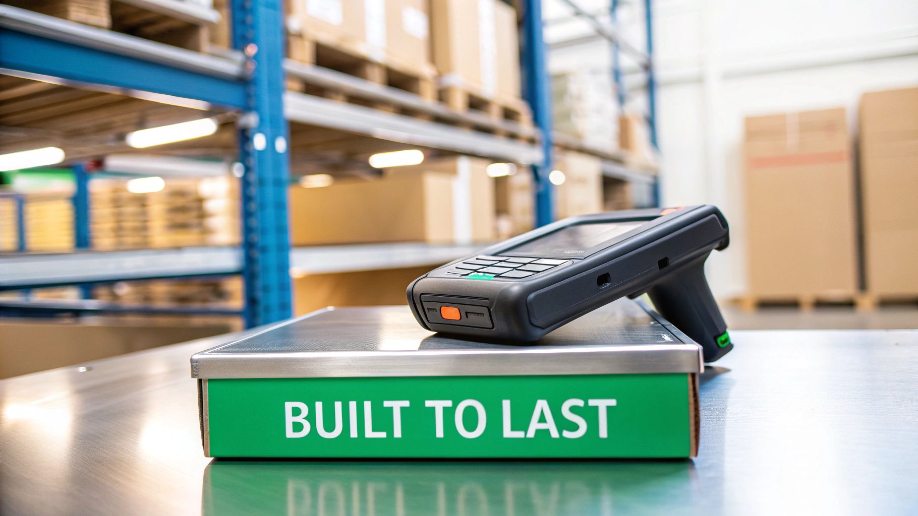 A black handheld barcode scanner rests on a green box labeled 'BUILT TO LAST' in a warehouse.