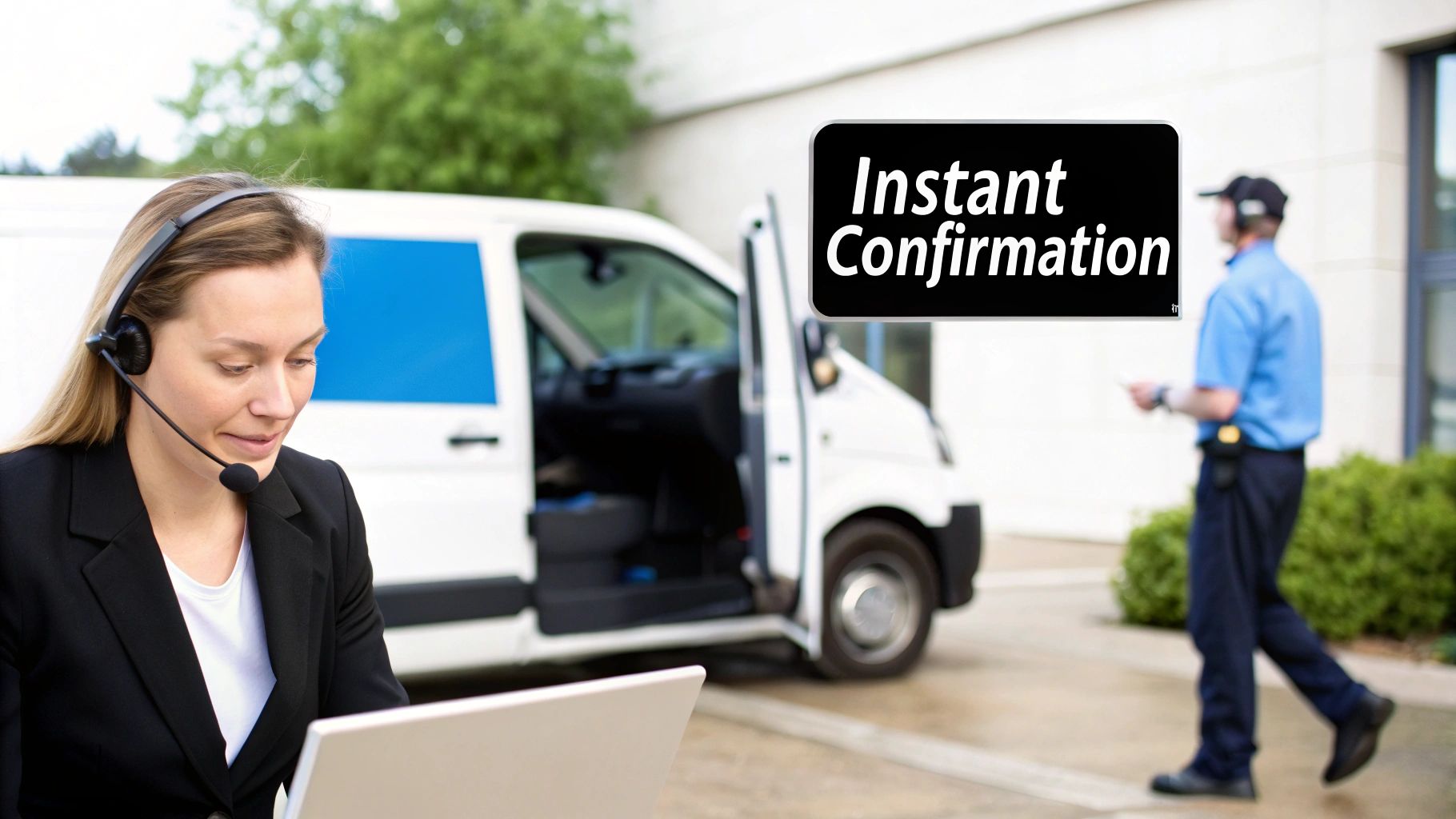 Best Field Management Software Tackon FSM in Mastering the Automatic Reply Text Message for Your Trade Business 2 Woman in headset on laptop, managing delivery service with a van, driver, and 'Instant Confirmation' sign.