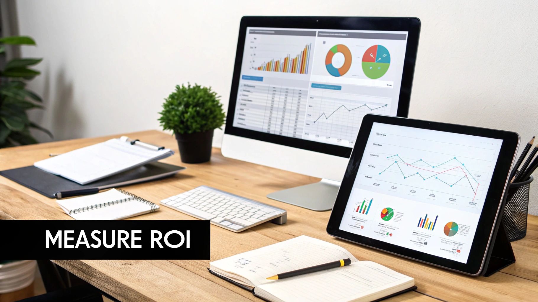 A desktop setup with a monitor and tablet displaying various business analytics charts and data for measuring ROI.