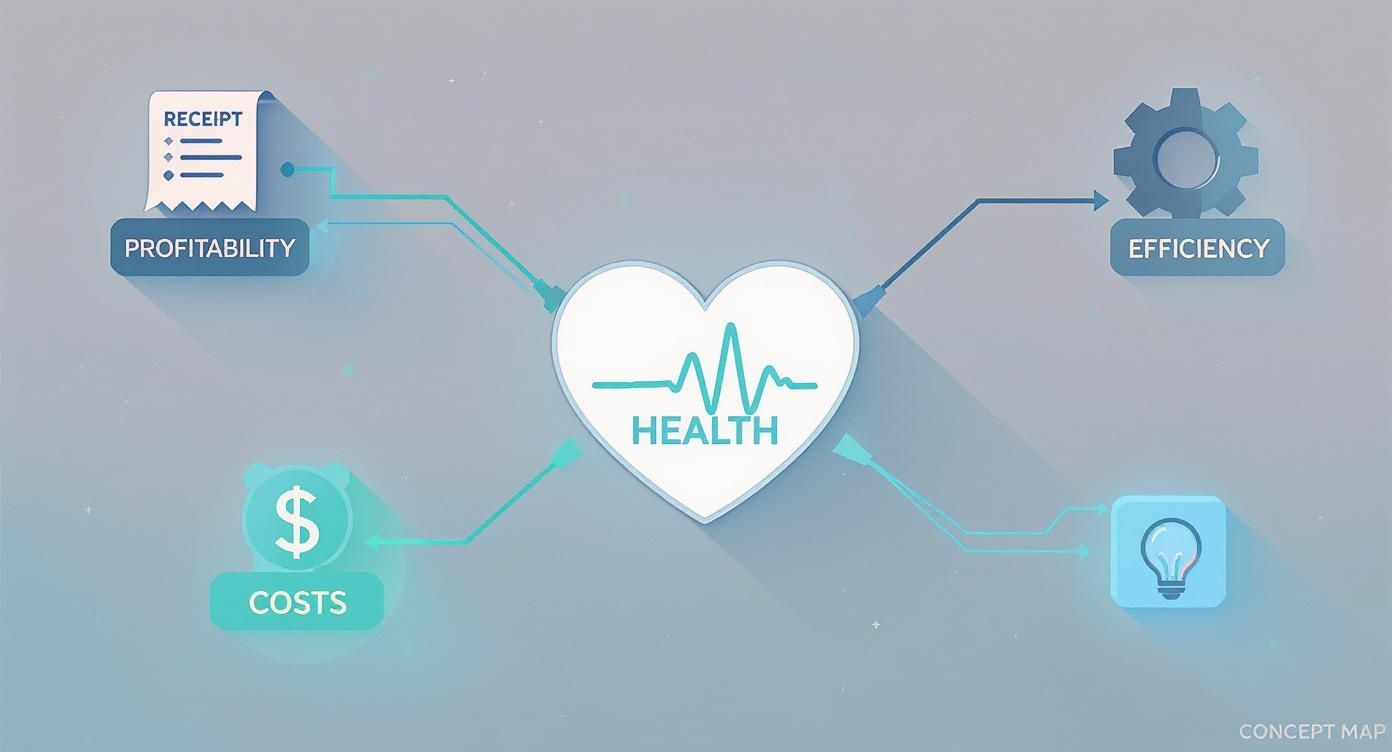 Concept map illustrating health's interconnectedness with profitability, costs, efficiency, and new ideas in a business context.