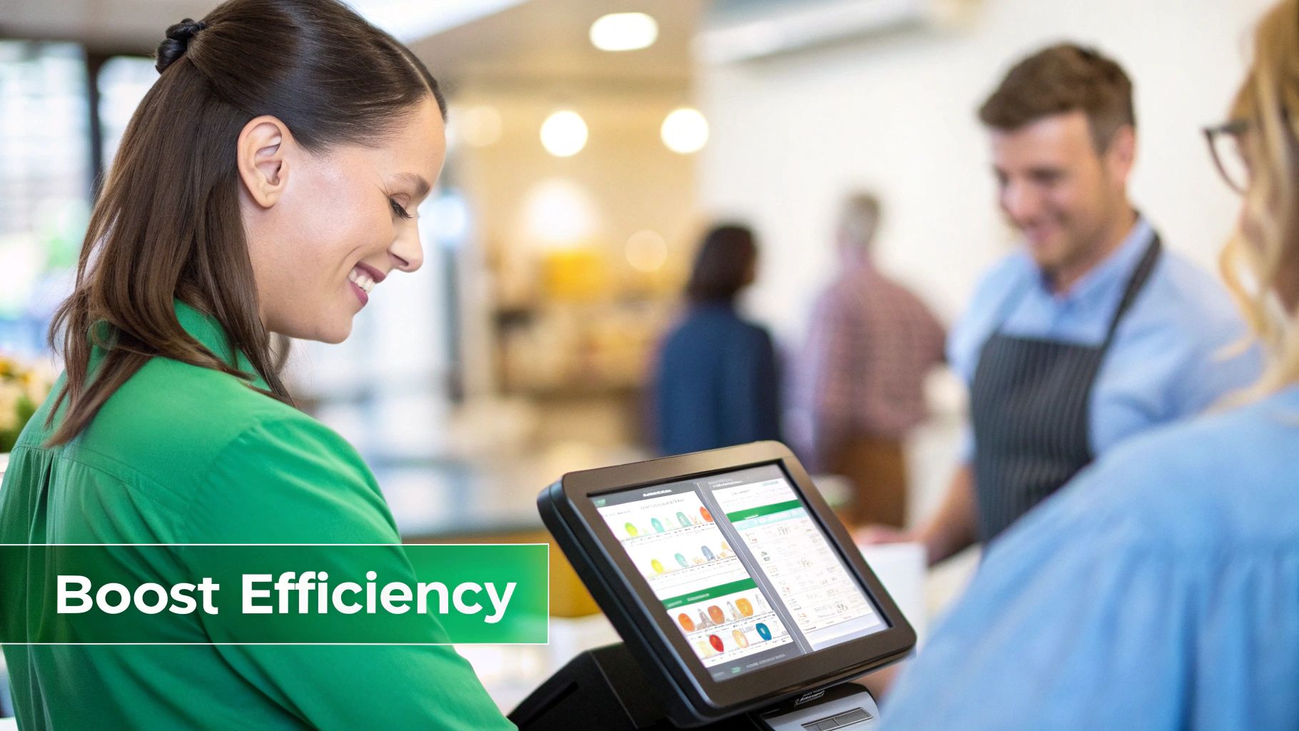 A smiling woman uses a modern point-of-sale system displaying business analytics in a restaurant.