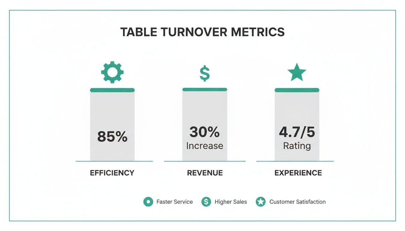 Infographic displaying restaurant table turnover metrics: 85% efficiency, 30% revenue increase, and 4.7/5 customer experience rating.