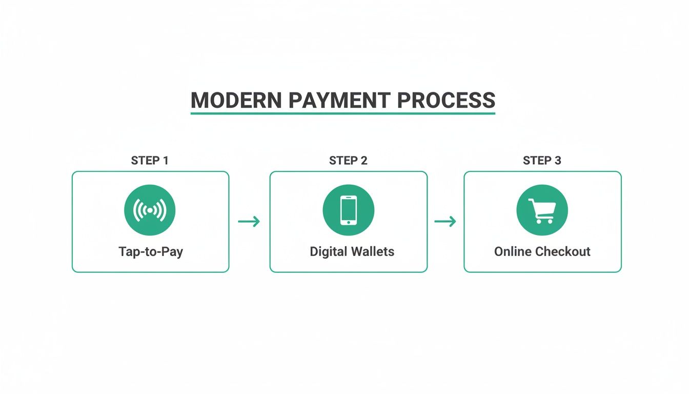 Modern payment process diagram illustrating tap-to-pay, digital wallets, and online checkout methods.