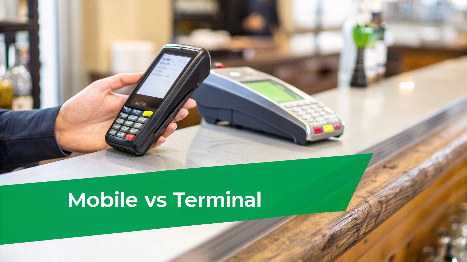 A hand holds a mobile payment terminal, with a traditional terminal on a bar counter.