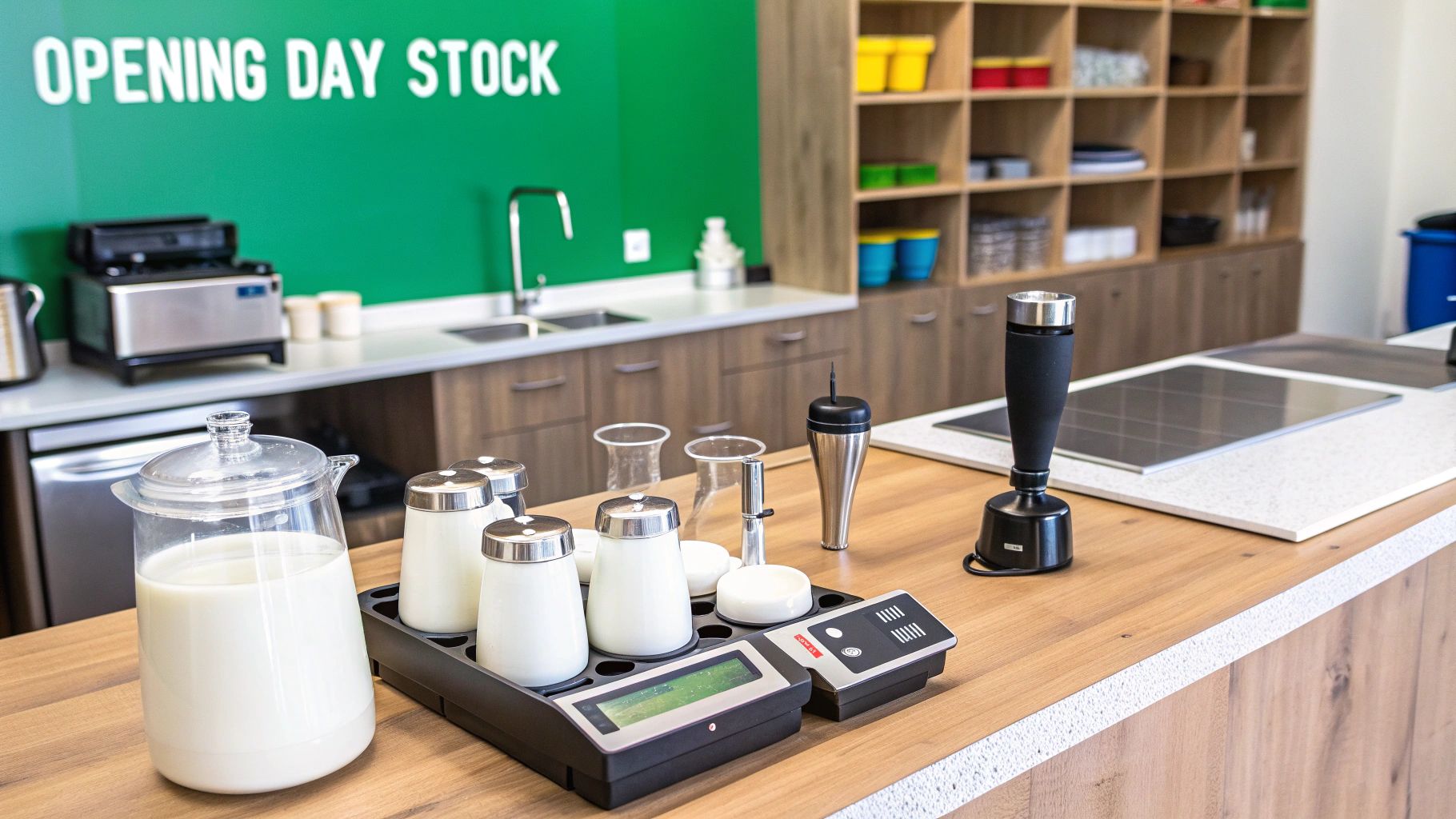 Professional milk and dairy product testing setup with a pitcher of milk and various containers.