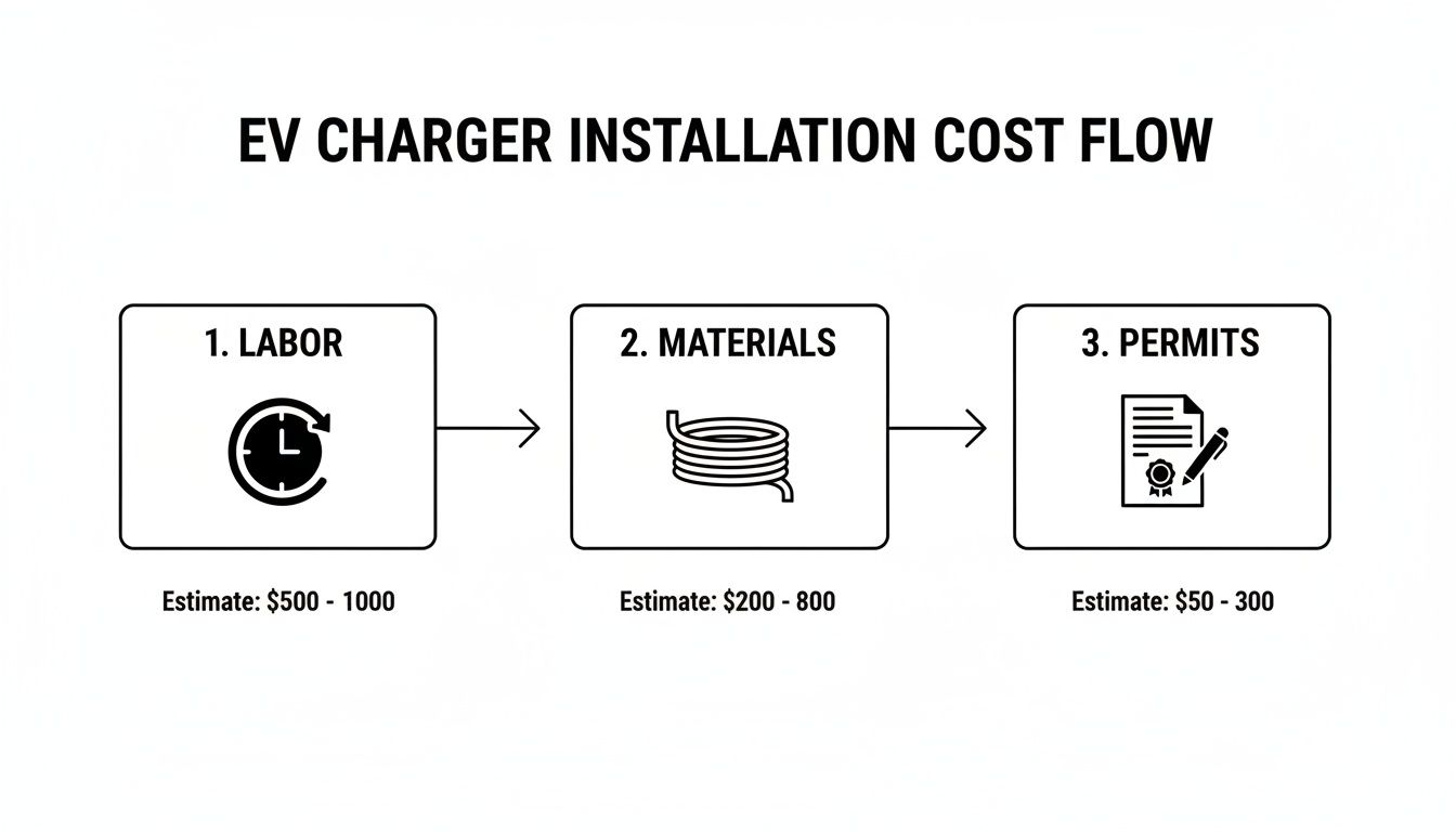 Diagram illustrating EV charger installation cost flow, detailing estimates for labor, materials, and permits.