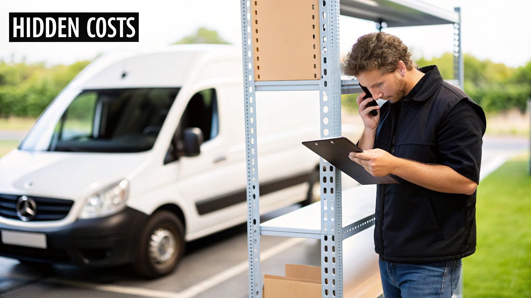 A delivery man checking inventory with a clipboard and phone next to a white van.