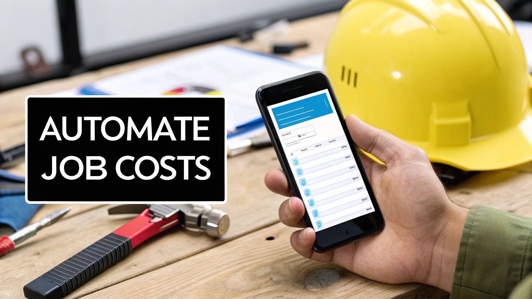 A hand holds a smartphone showing a job costing app, with construction tools and hard hat on a wooden table.