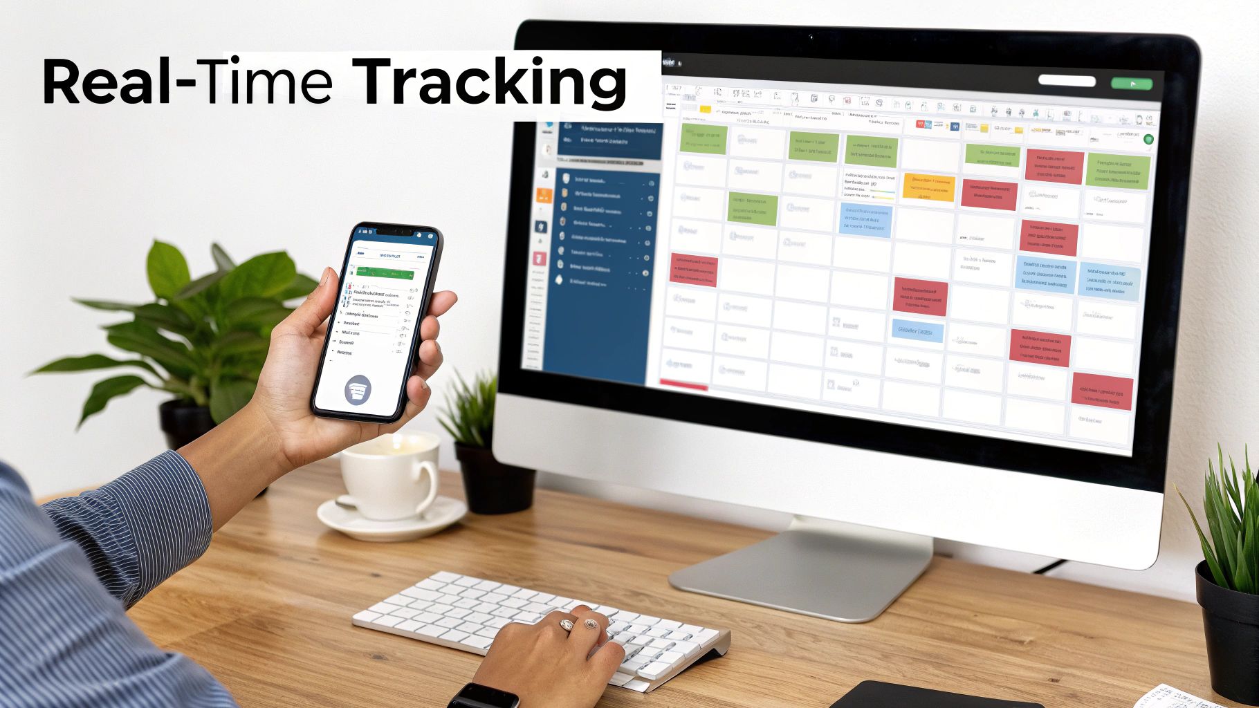 A person manages real-time tracking and dispatch scheduling on a smartphone and desktop computer.