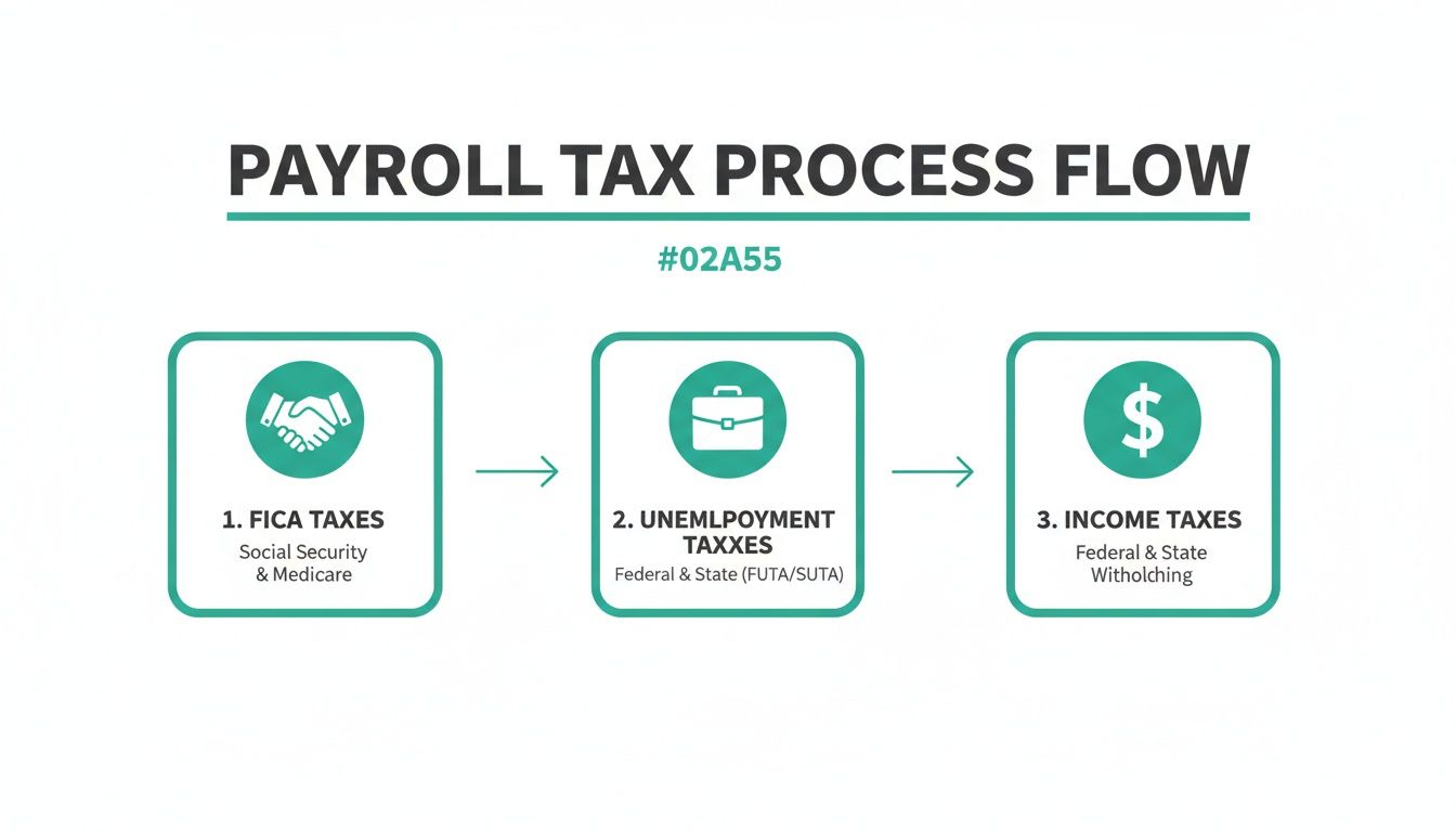 A visual flowchart illustrating the payroll tax process, including FICA, unemployment, and income taxes.