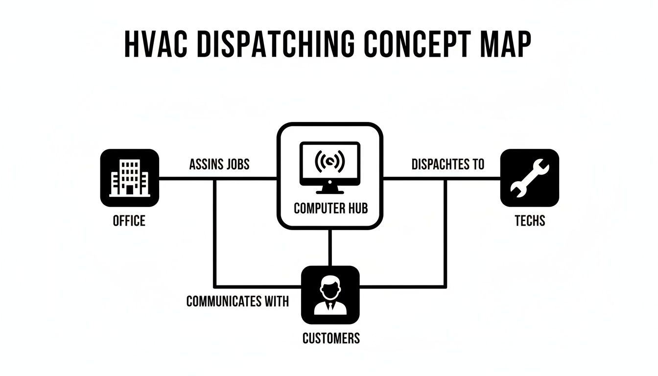 HVAC dispatching concept map illustrating the flow between office, computer hub, techs, and customers.