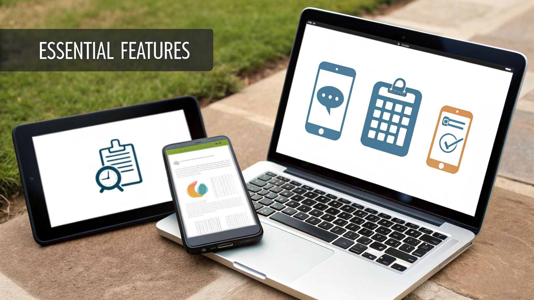 Modern devices displaying essential software features like communication, scheduling, and data analytics on a stone patio.