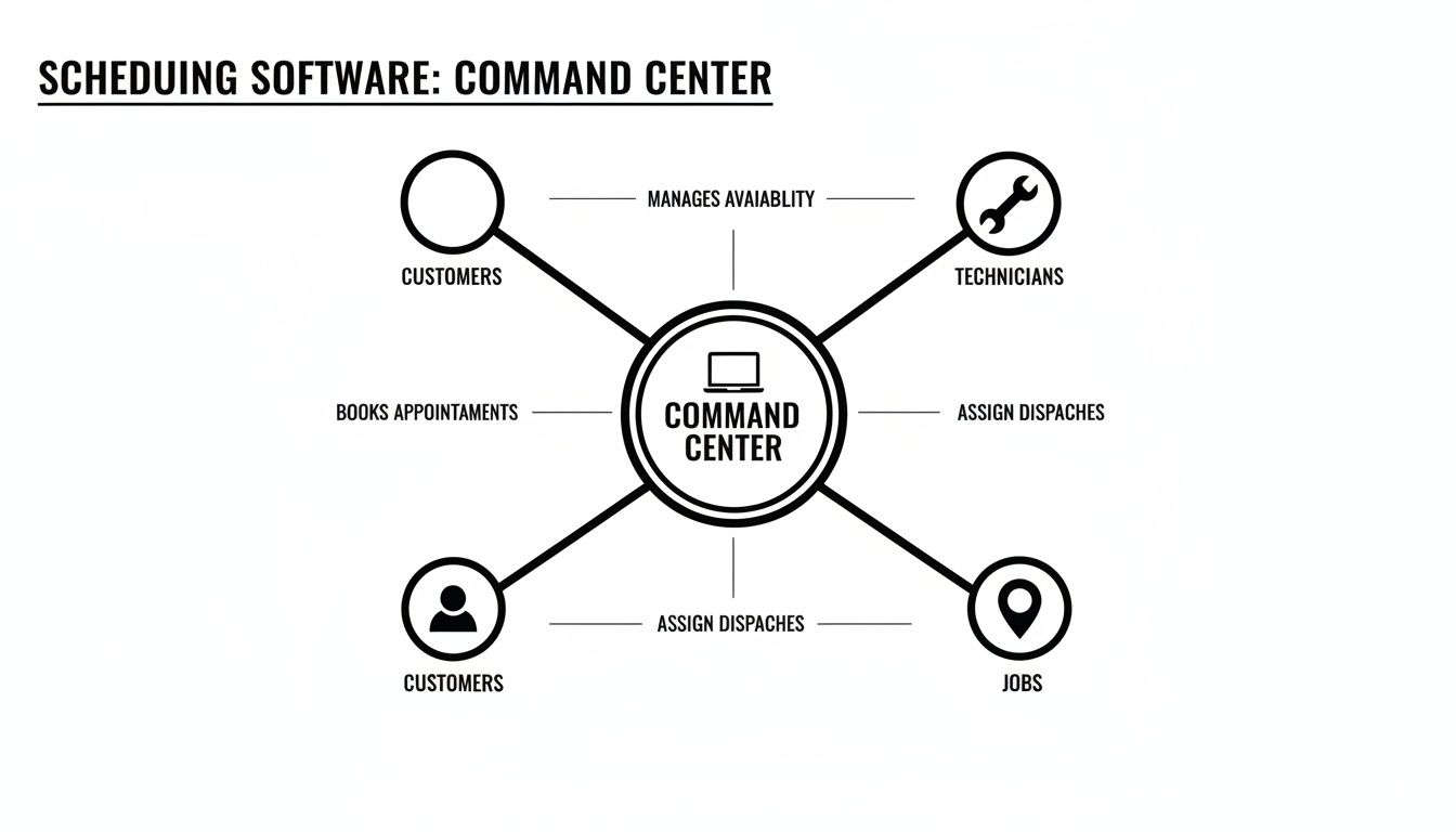 Best Field Management Software Tackon FSM in Your Guide to Scheduling and Dispatch Software for Trades 2 A diagram showing a scheduling software command center managing availability, booking appointments, and dispatching jobs.