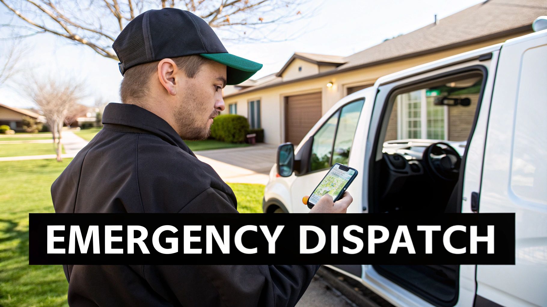 Best Field Management Software Tackon FSM in Best Small Business Scheduling Software for Trades 4 A man in a black uniform looking at a map on his smartphone next to a white service van.