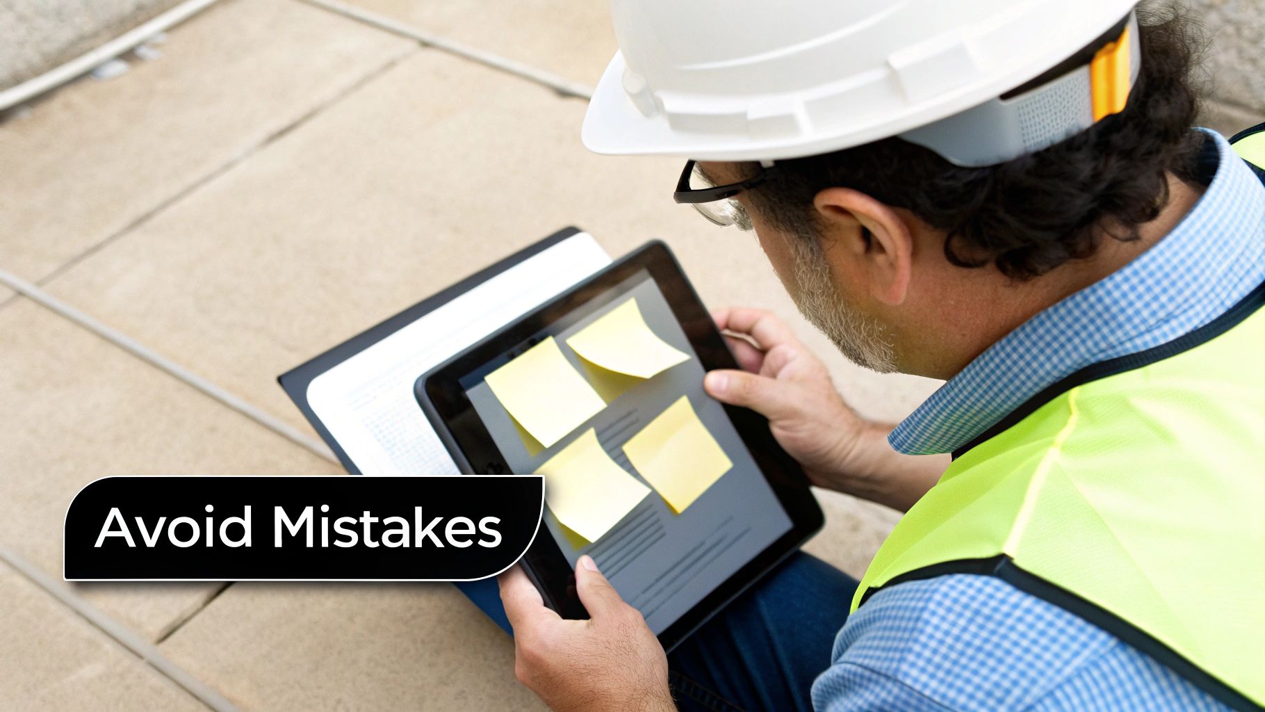 Overhead view of a construction worker in a hard hat and safety vest reviewing a tablet with sticky notes.