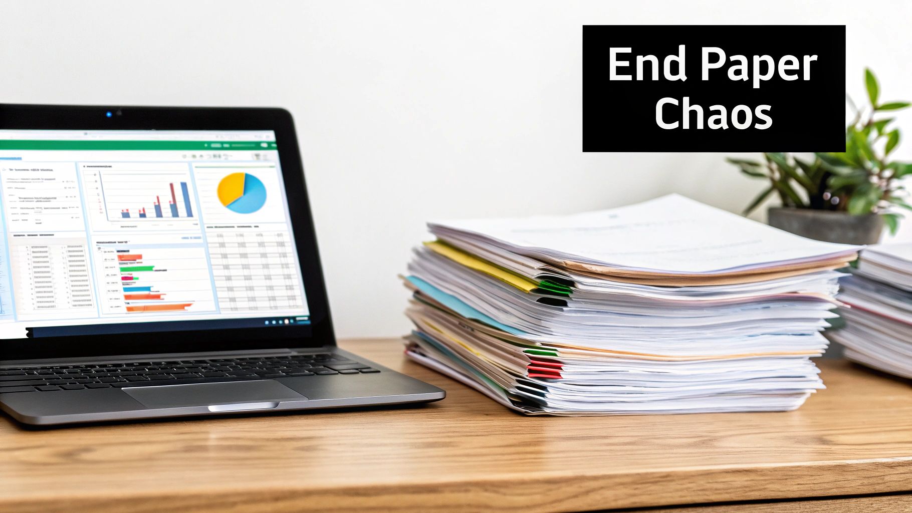 A laptop displaying business charts and graphs sits beside a tall stack of paper documents on an office desk.