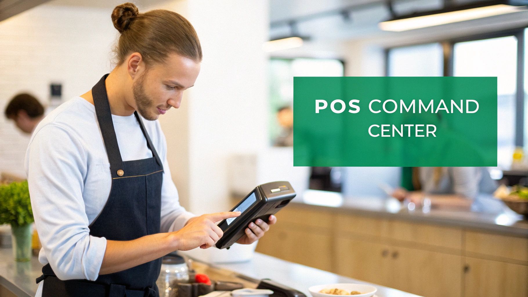A male employee efficiently uses a POS command center for customer transactions in a cafe.