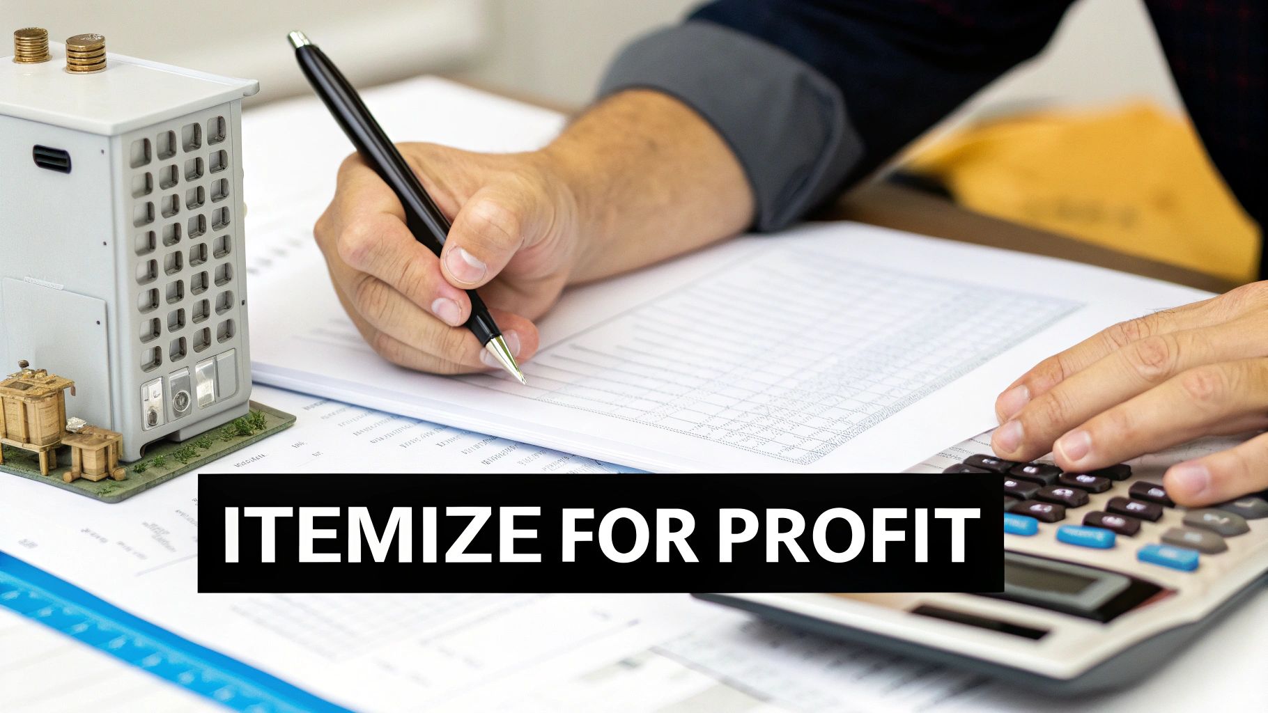 A person itemizing expenses on a document with a calculator and a building model, aiming for profit.