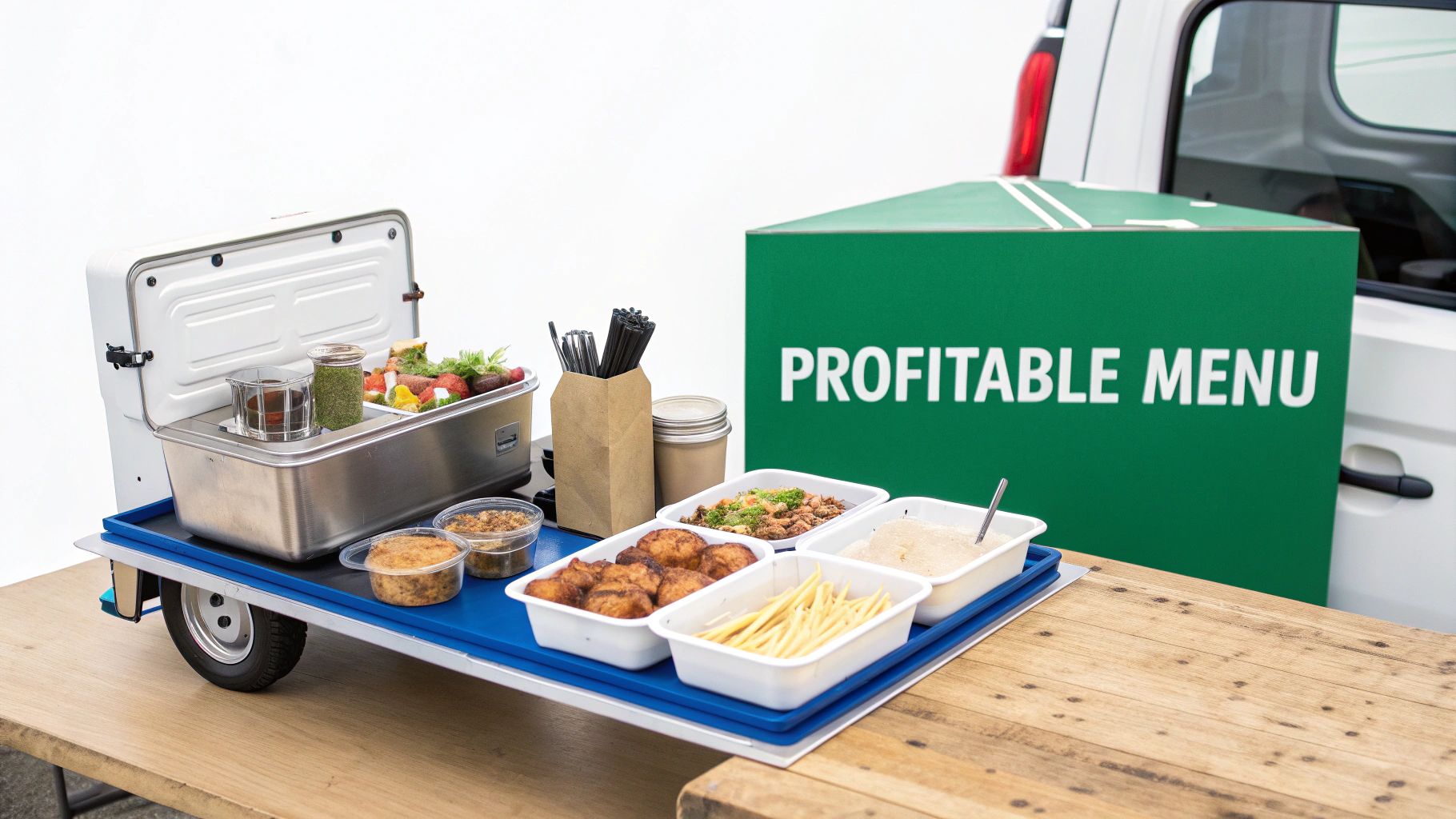 A mobile food cart loaded with various prepared dishes like fries, fried chicken, and salads, next to a 'Profitable Menu' sign.