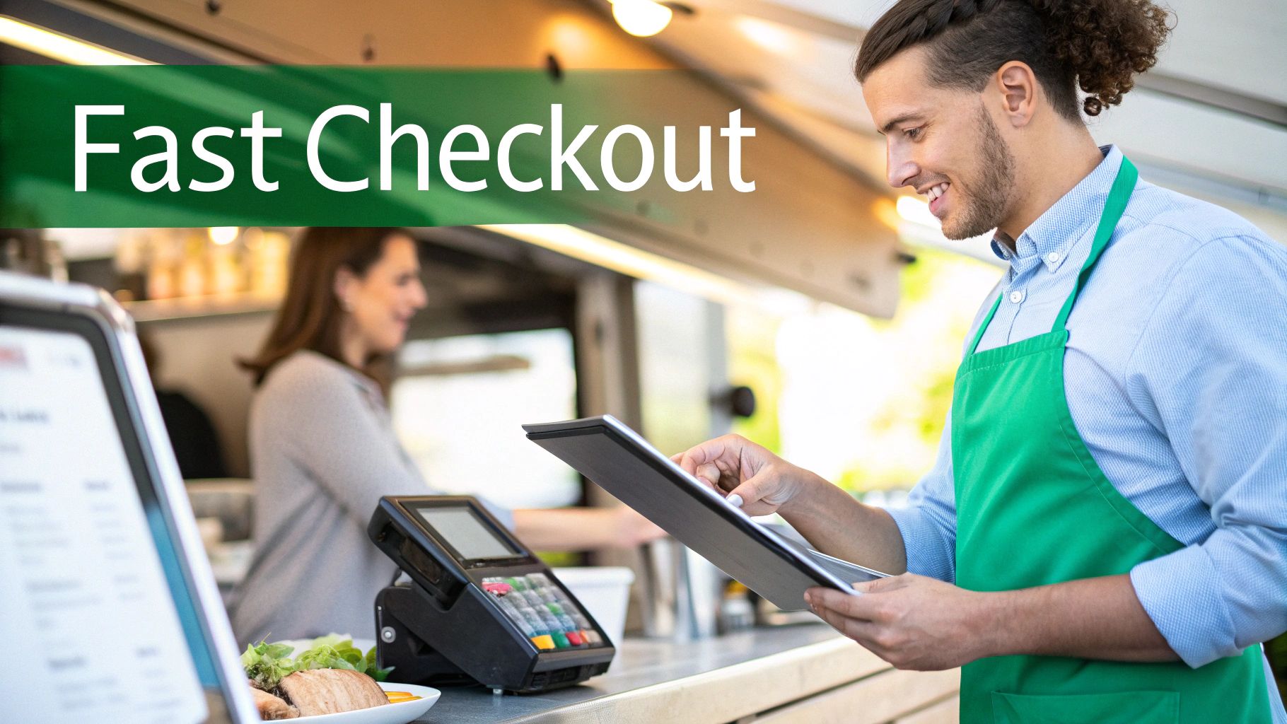 Smiling food truck vendor taking an order from a customer with a tablet for fast checkout.