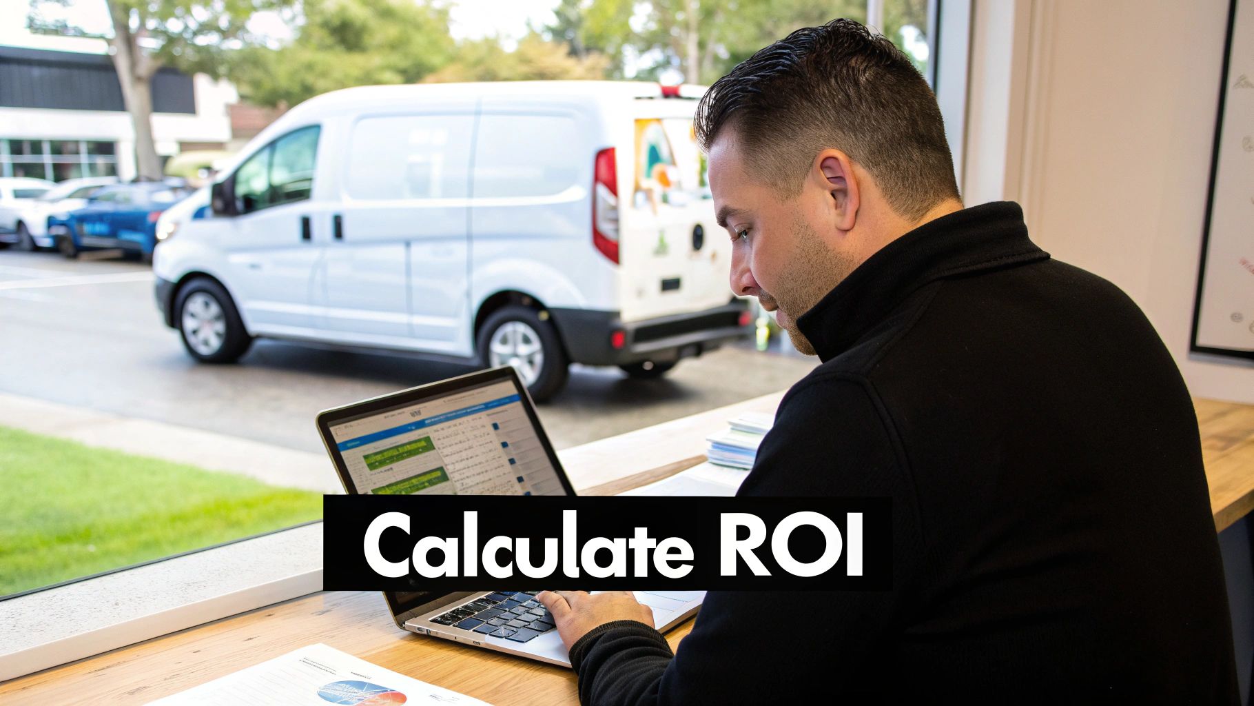 Best Field Management Software Tackon FSM in A Complete Guide to HVAC Service Business Software 3 Man calculates ROI on a laptop, with a commercial service van visible outside, representing a business operation.