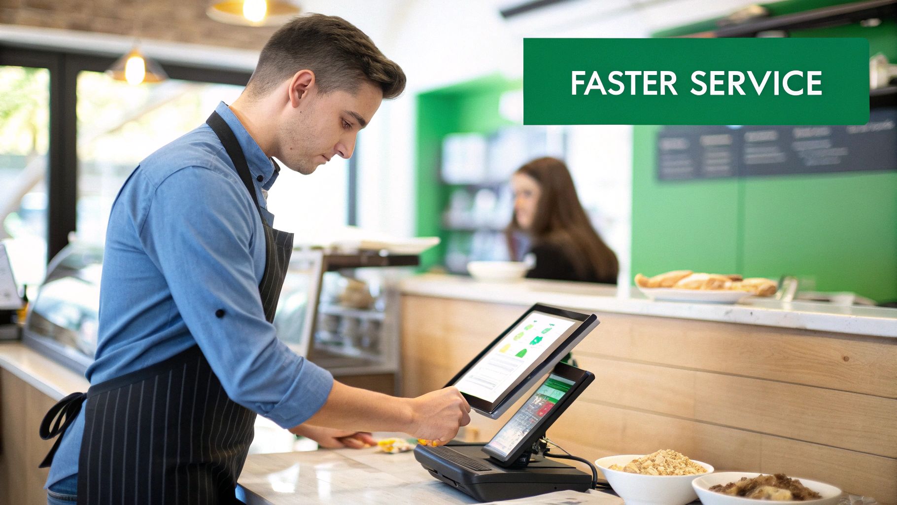 A male barista operates a modern POS system in a bustling cafe, highlighting faster service.