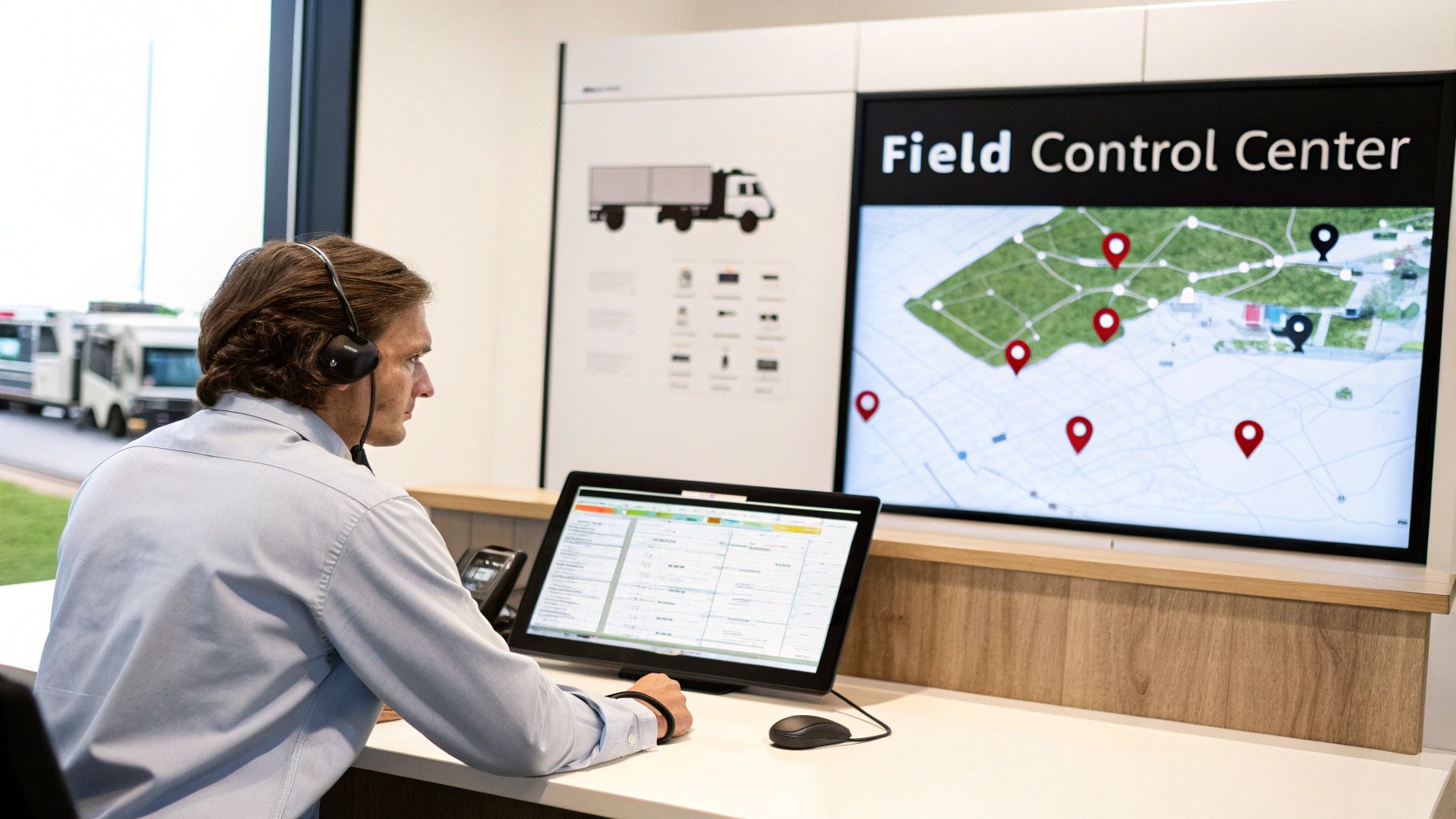 Best Field Management Software Tackon FSM in What Is Field Service Management Software? A Practical Guide 2 Field service dispatcher monitors vehicle locations on multiple screens in a modern control center.