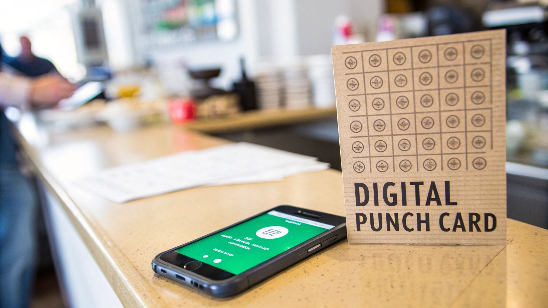 Digital punch card sign next to a smartphone displaying a loyalty app on a counter.