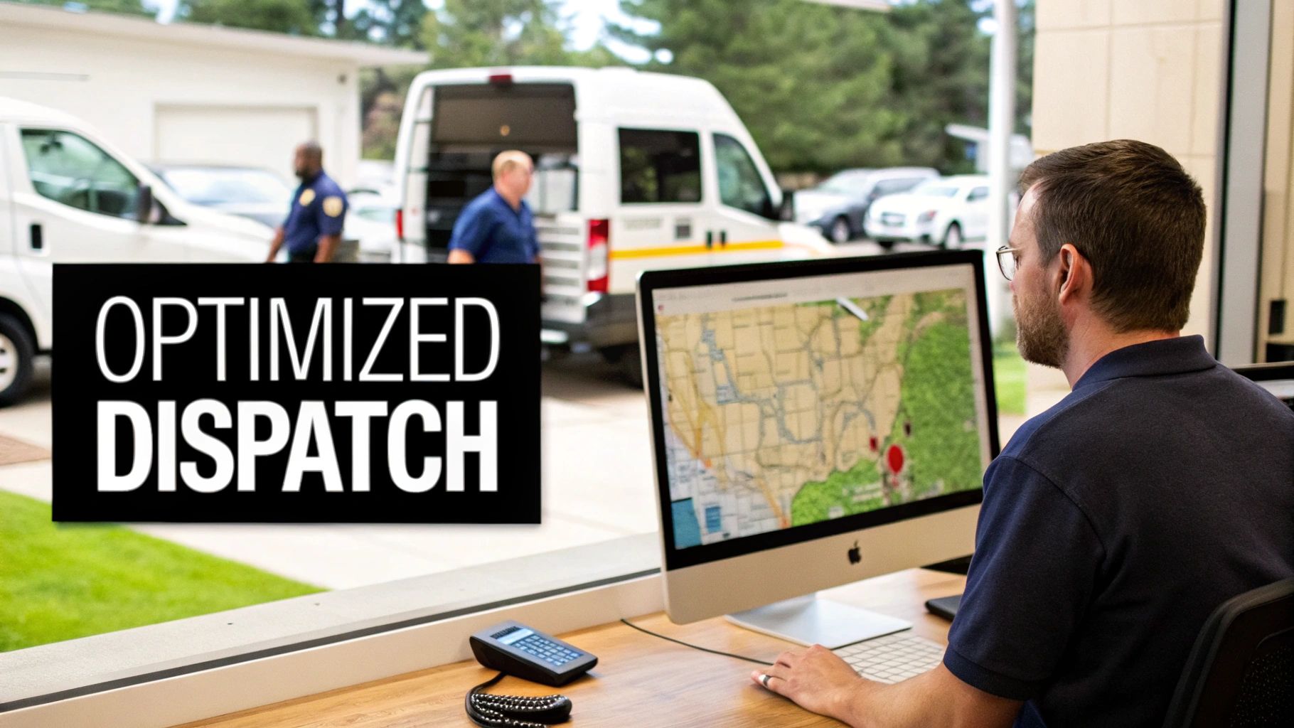 Best Field Management Software Tackon FSM in Finding the Best HVAC Dispatch Software for Your Business 2 A man monitors a dispatch map on his computer, overseeing two workers and vans outside.