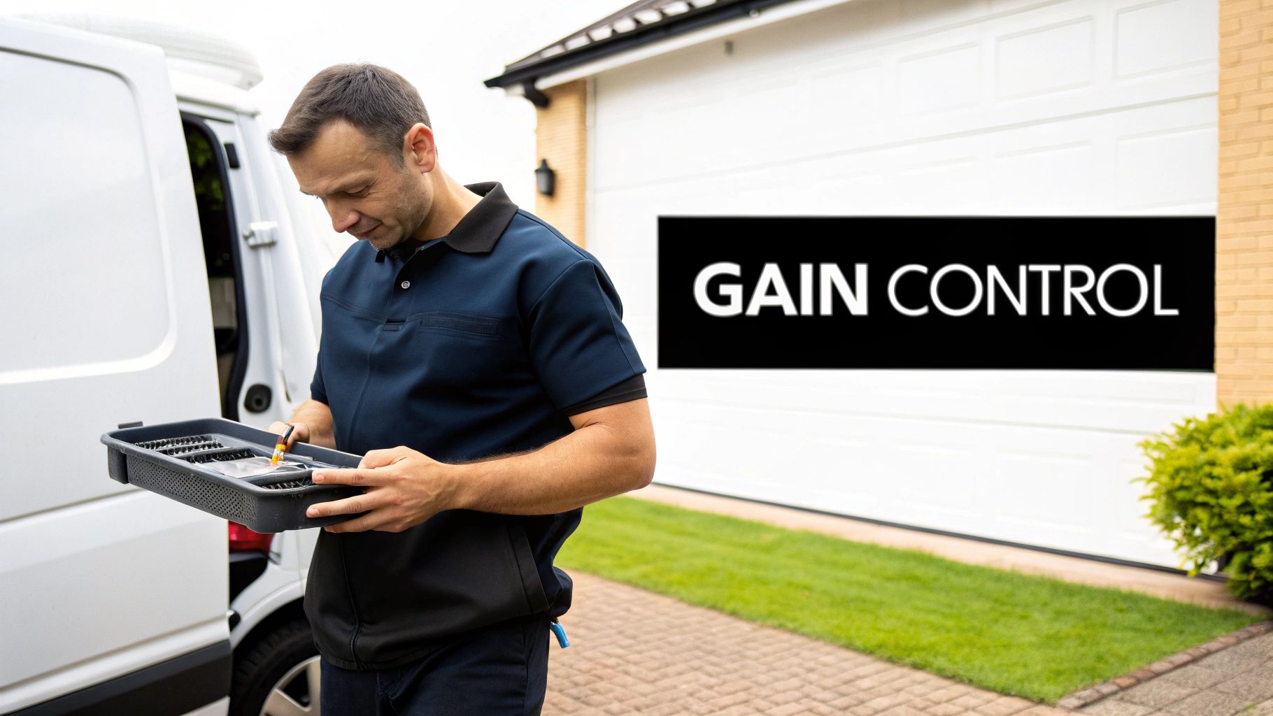 Best Field Management Software Tackon FSM in The Top Benefits Of Inventory Management Software For Profitability 3 A service technician holds tools near a white van and a garage door with 'GAIN CONTROL' banner.