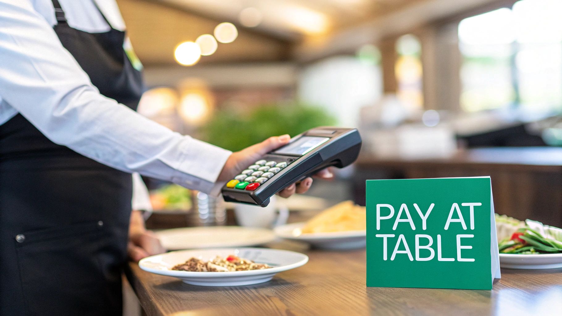 A server holds a mobile credit card terminal at a restaurant table with food and a "PAY AT TABLE" sign.